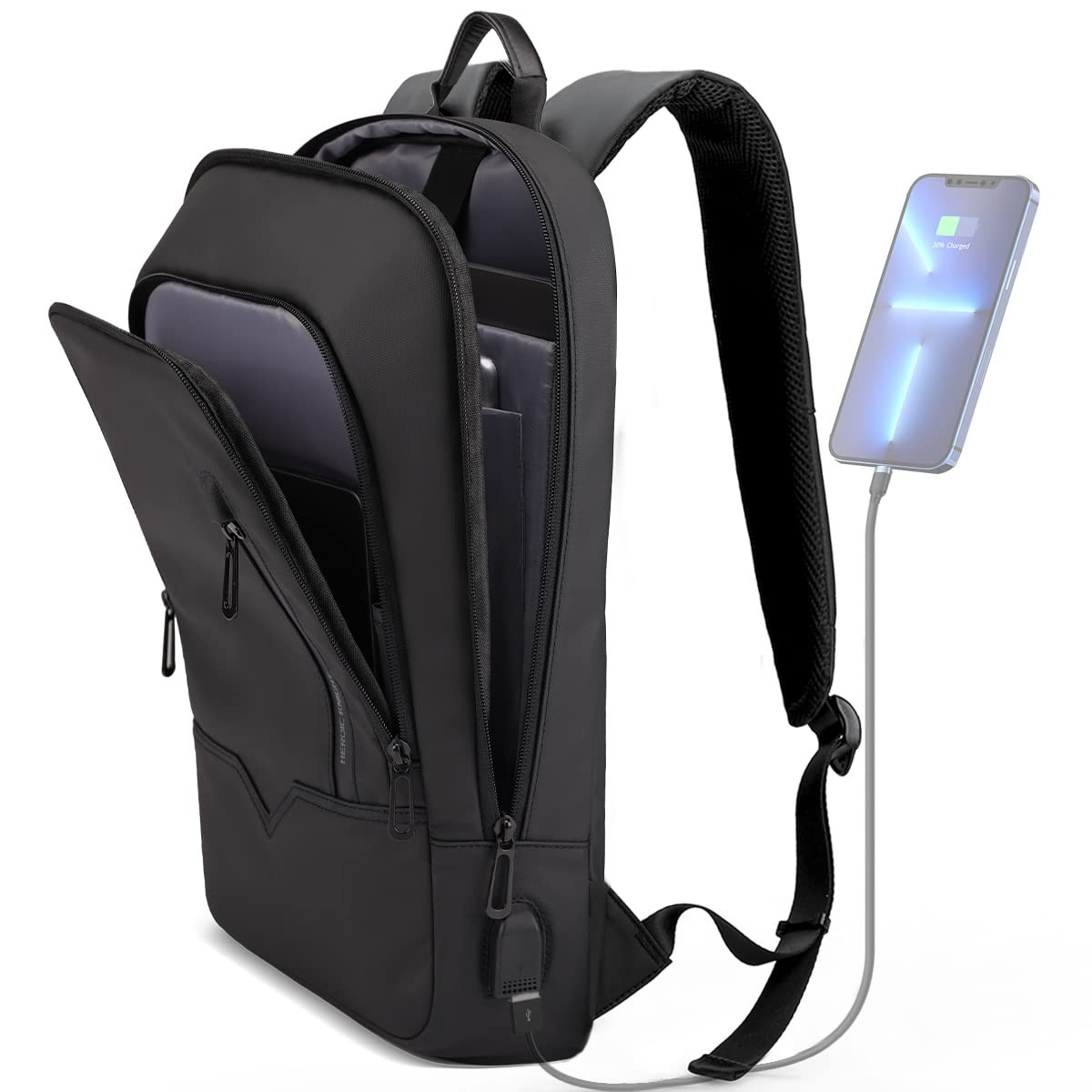 hk Backpack for Men Business Slim with USB Charger 15.6 Inch, Black