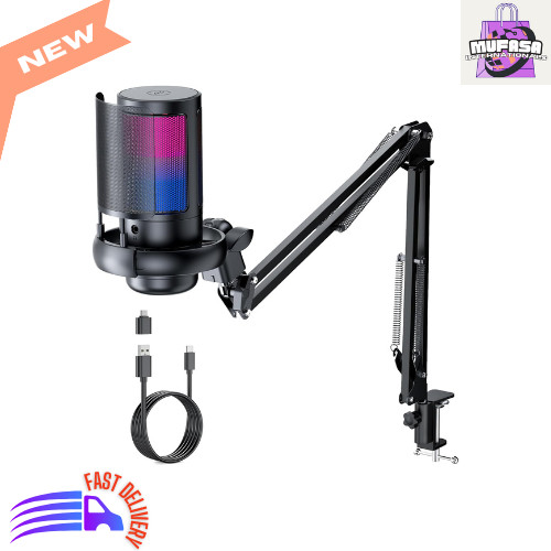 Gaming USB Microphone with Boom Arm & RGB Light for Streaming & Podcasting