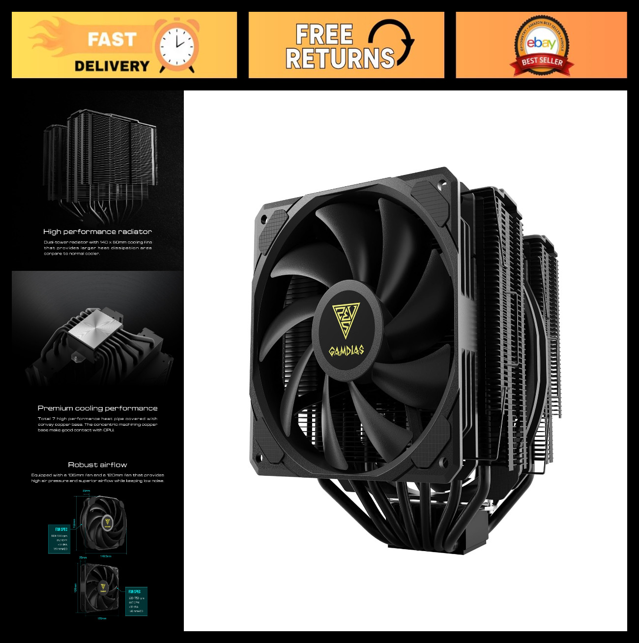 Dual Tower CPU Air Cooler, 2x High-Airflow PWM Fans, 7 Heatpipes, Intel/AMD Comp