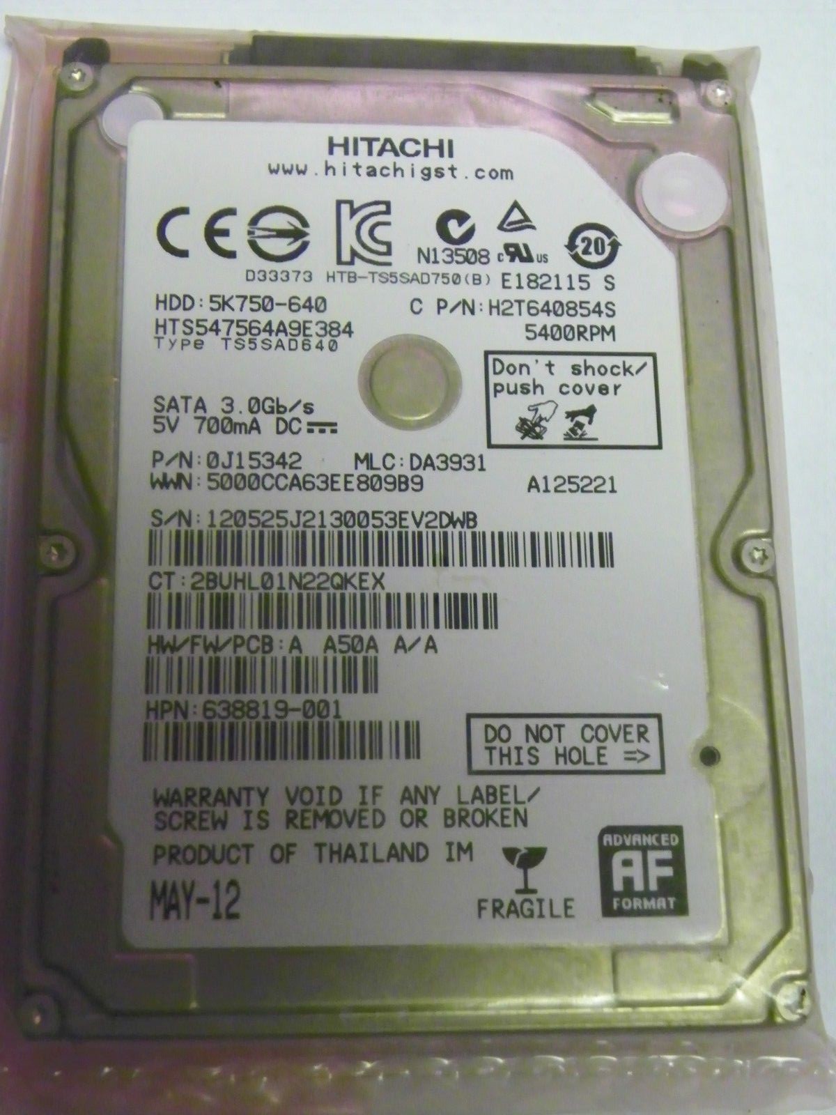 Hitachi HTS547564A9E384 P/N:0J15342 MLC:DA3931 FW:A A50A A/A 640GB 2.5" SATA HDD