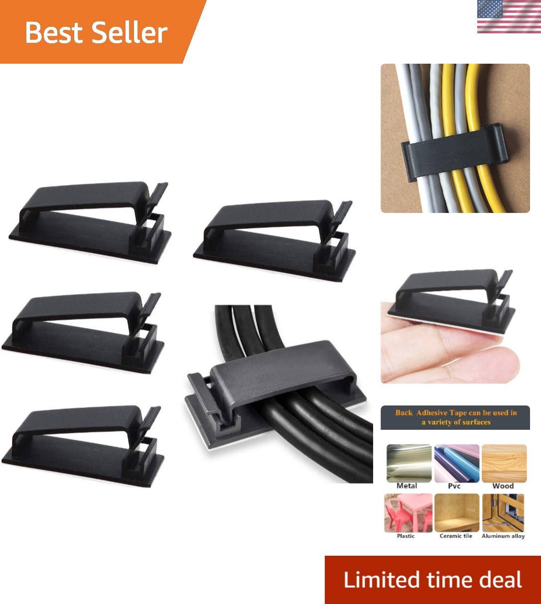 50Pcs Self Adhesive Cable Management Clips - Black