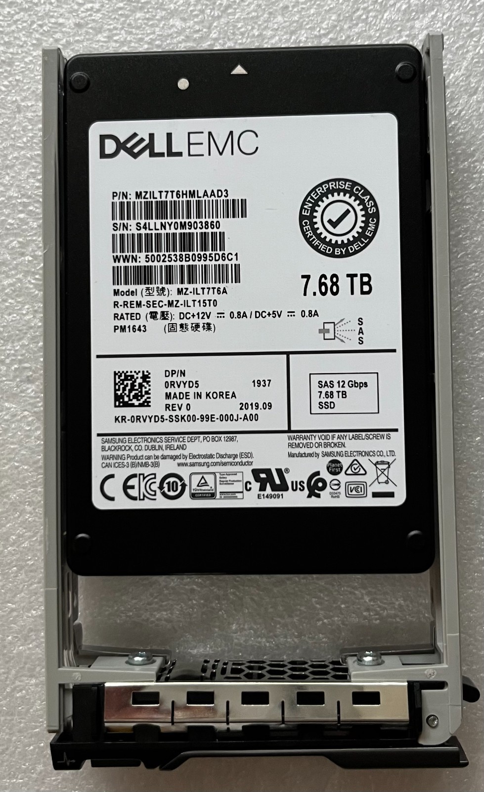 RVYD5 Dell 7.68TB Samsung 12Gbs SAS 2.5 SSD MZILT7T6HMLAAD3 0RVYD5 R730 R630 NEW