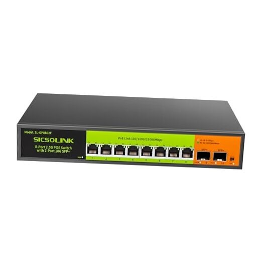 2.5Gb PoE+ Switch 10-Port Unmanaged with 8*2.5G Base-T PoE+ Ports, 2*10G SFP+ 