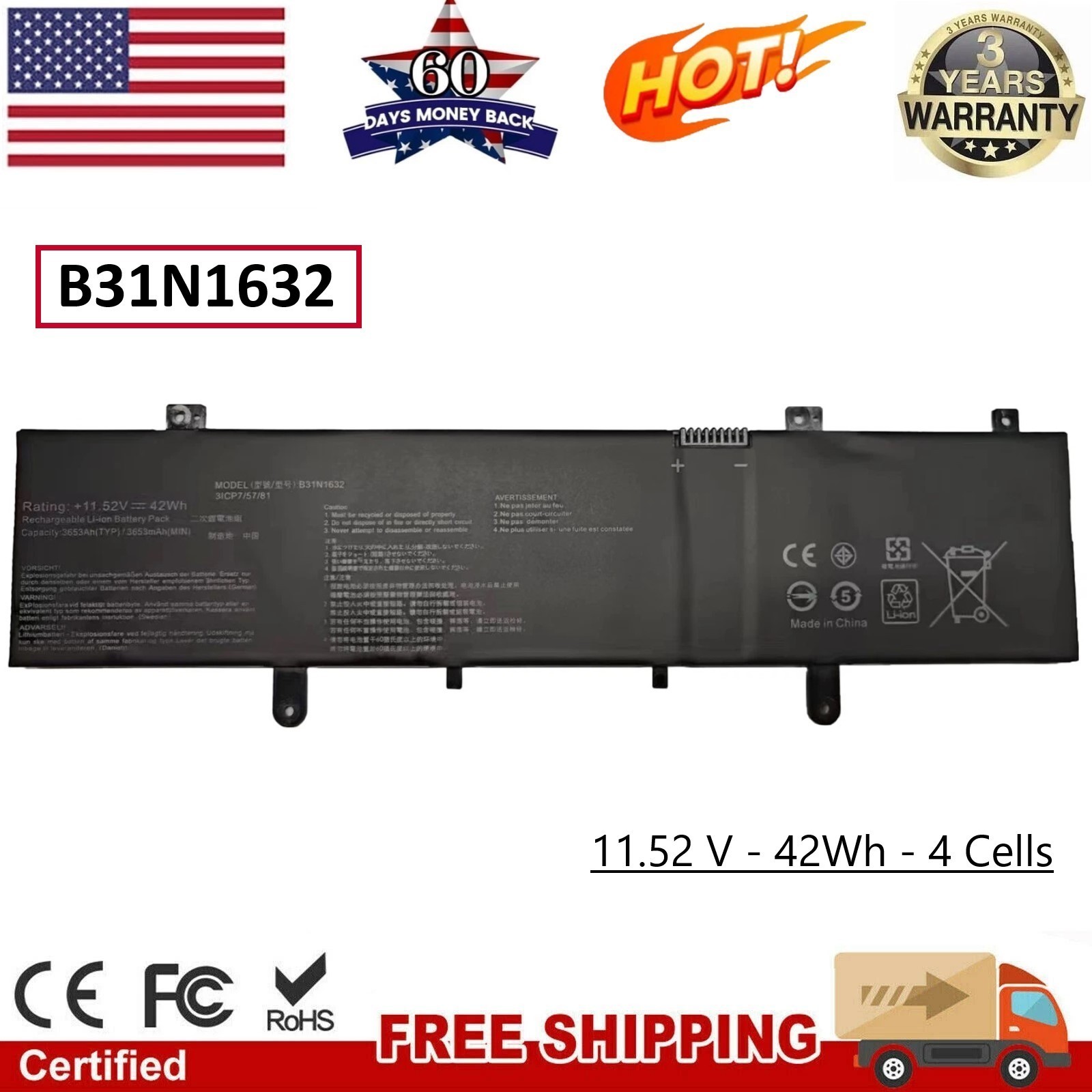 42Wh B31N1632 Battery For ASUS Vivobook 14 X405UR X405UQ S4000 S4000U S4100U US