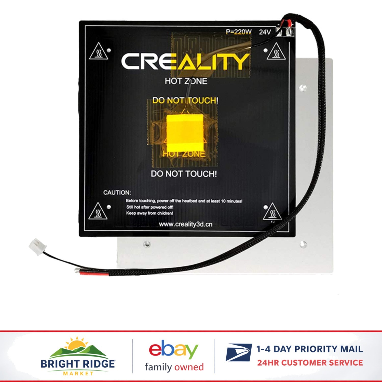 Replacement Hot Bed 220W 24V for 3D Printer with Installed Cable and Dimensions