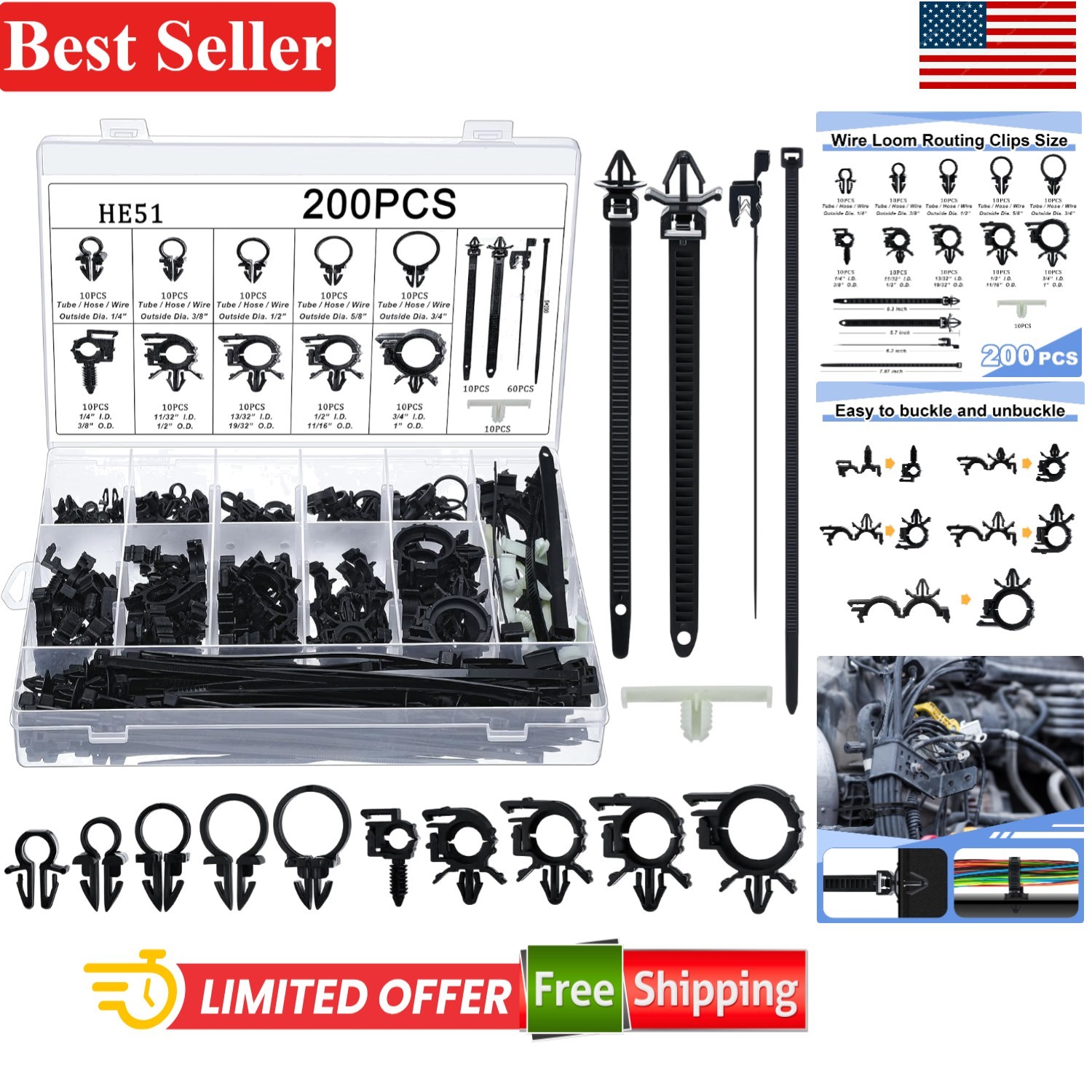 Car Wire Loom Routing Clips 200 Pcs 15 Sizes Nylon Universal Set Black