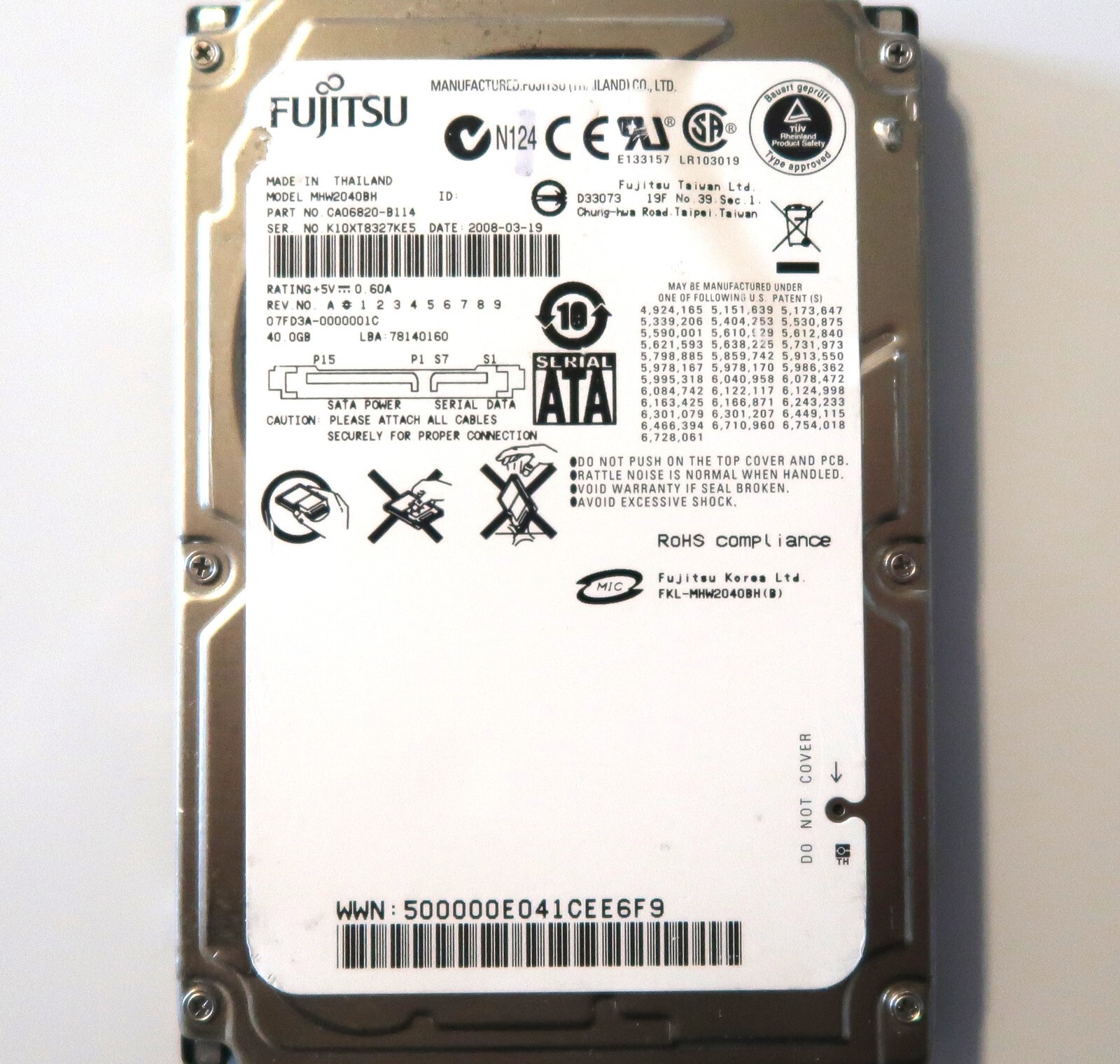 Fujitsu MHW2040BH CA06820-B114 07FD3A-0000001C 40gb Sata 2.5" HDD 03-2008