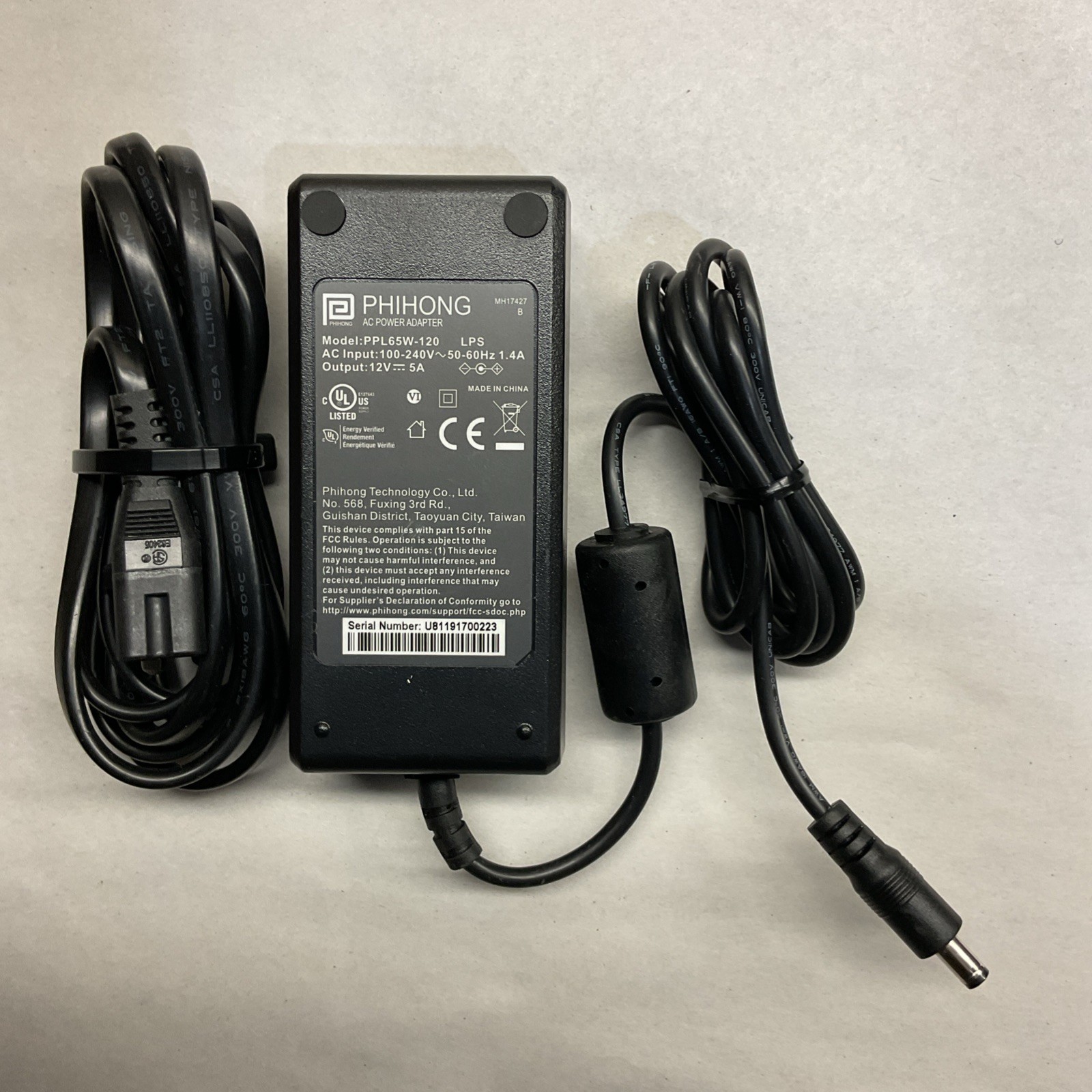 GENUINE PHIHONG PPL65W-120 5.5*2.1mm 12V 5A 60W Power Supply Adapter Charger