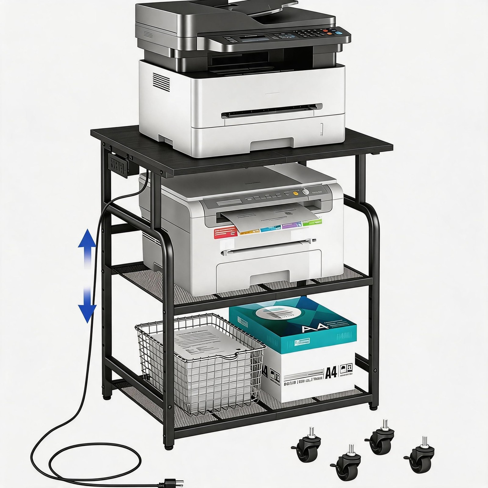 3 Tier Large printer stand with Power Outlet/storage,Rolling Printer Cart