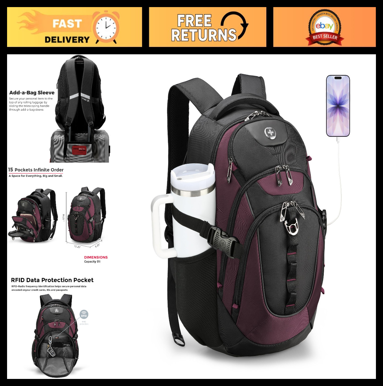 Stylish Laptop Backpack with USB Charging Port, Fits 15.6" Computer, 31L Travel