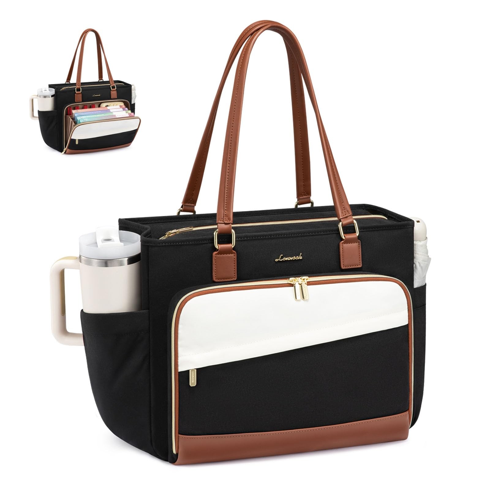 LOVEVOOK Teacher Tote Bag, 15.6 Inch Laptop Bag inch, Black-beige-brown 
