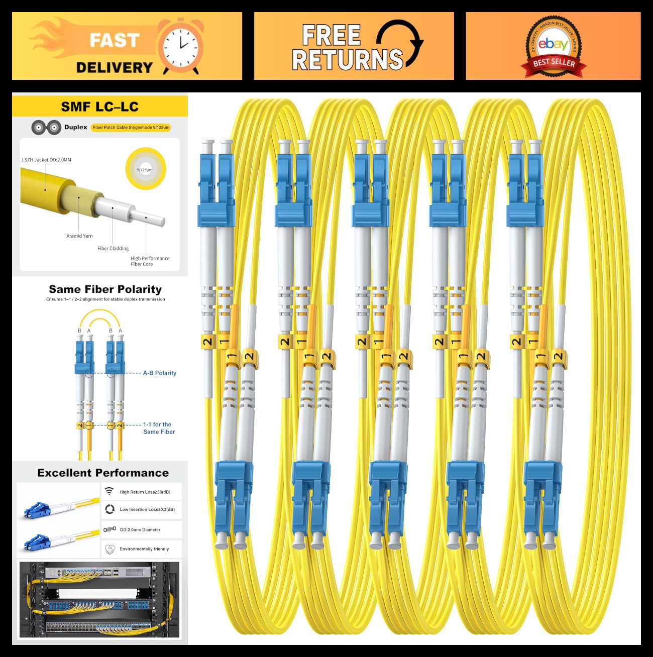 10m LC to LC Single Mode Fiber Patch Cable - 5 Pack, High-Speed Network Connecti