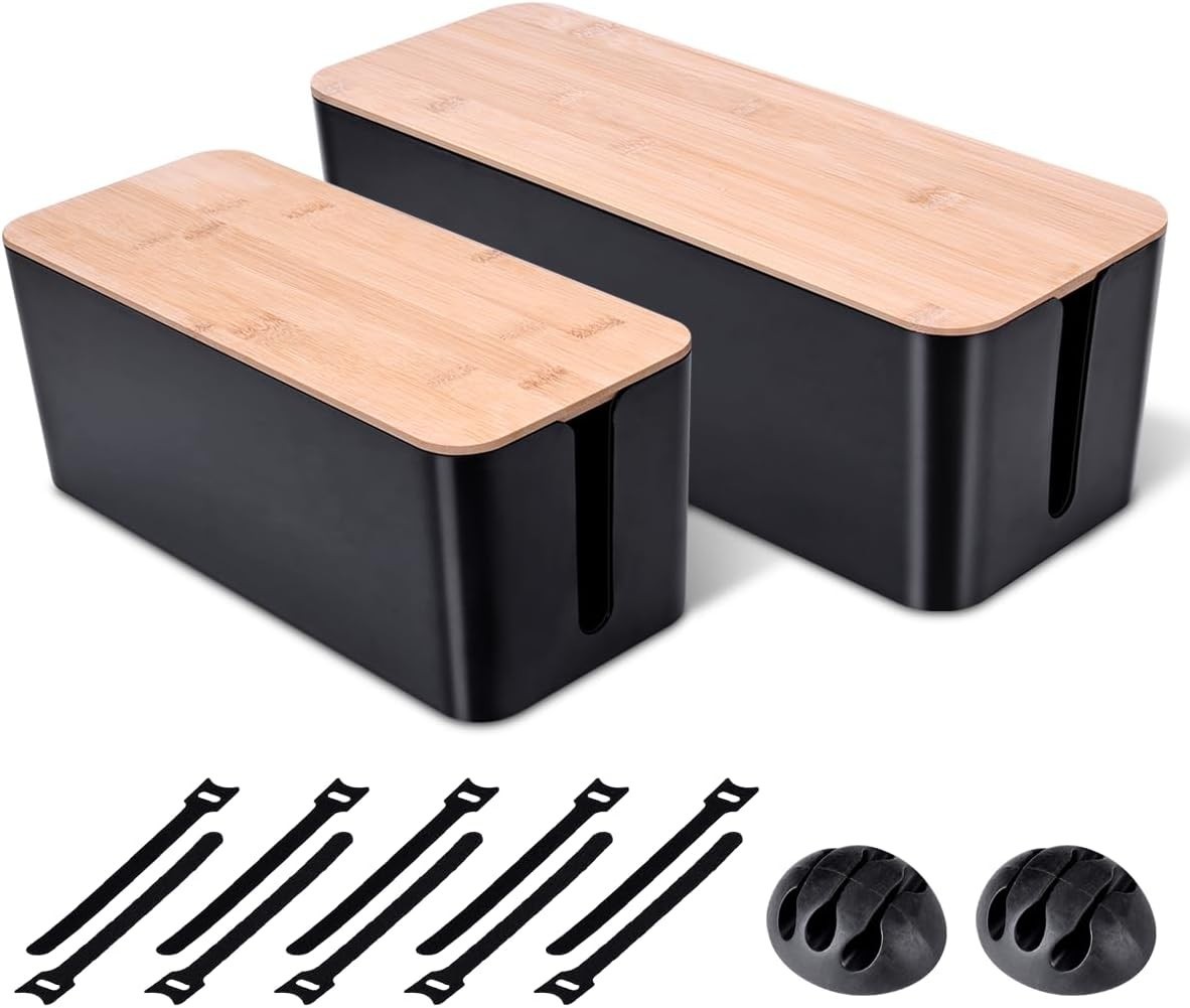 2 Pack Large Cable Management Box – Wooden Style Cord Organizer and Black