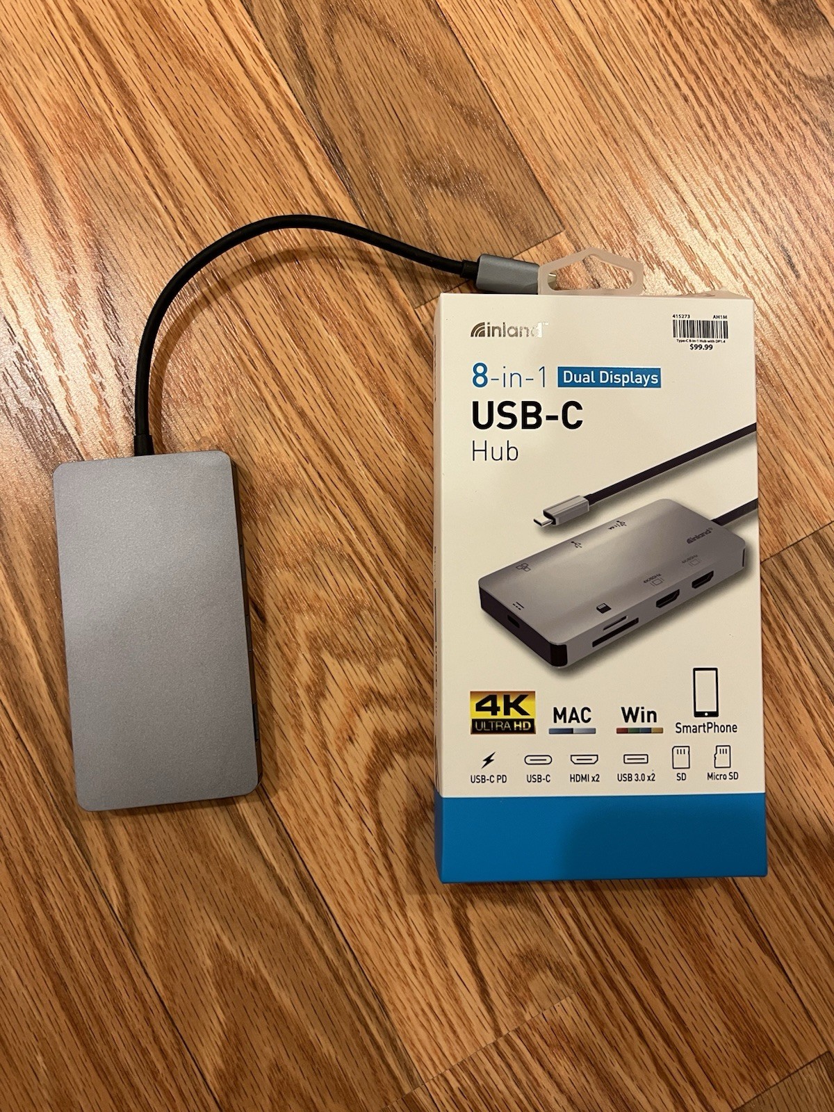 Inland USB-C hub, 8-in-1 dual display, 4K hdm, USB-C, HDMI, USB3.0, SD, micro SD