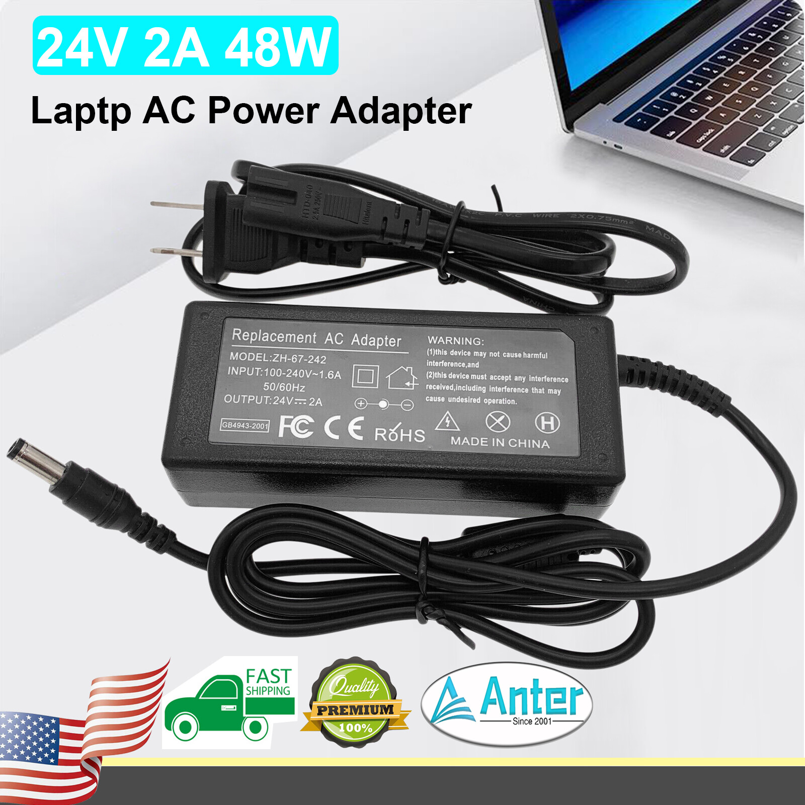 24V 2A AC DC Adapter Power Supply Cord Charger For LCD Monitor Printer 5.5mm Tip