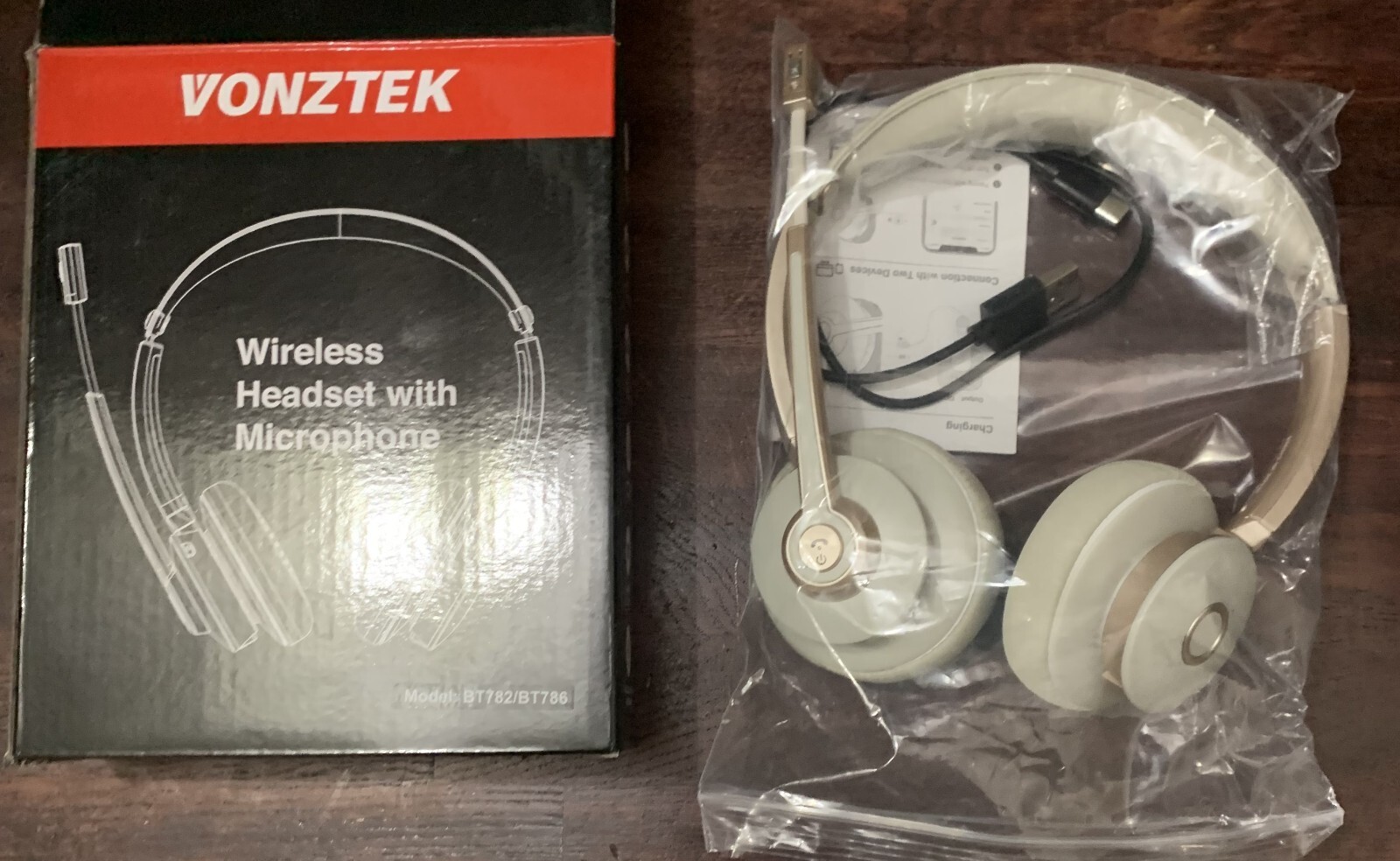 Vonztek BT782 BT786 Wireless Headset Taupe With Noise Cancelling Microphone