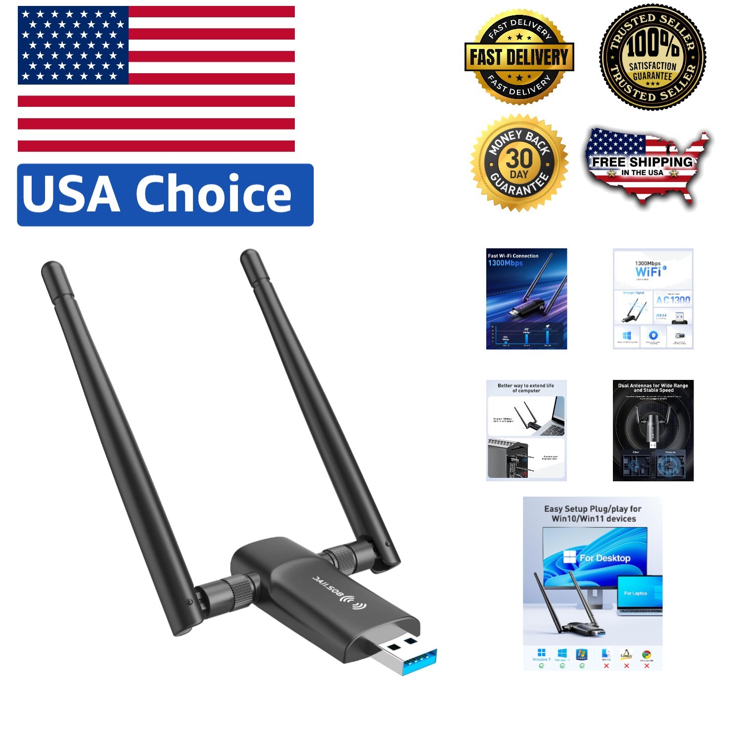 Upgrade Your Desktop with a 1300Mbps Dual Antenna USB WiFi Adapter - Plug & Play