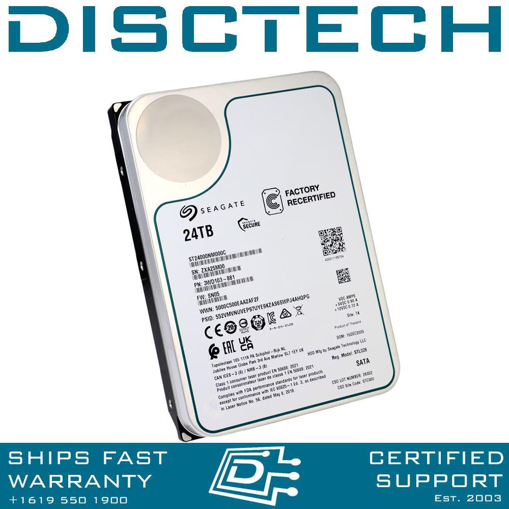 Seagate Factory Recertified Exos ST24000NM000C 24TB SATA 6Gbps 3.5in 7.2K HDD