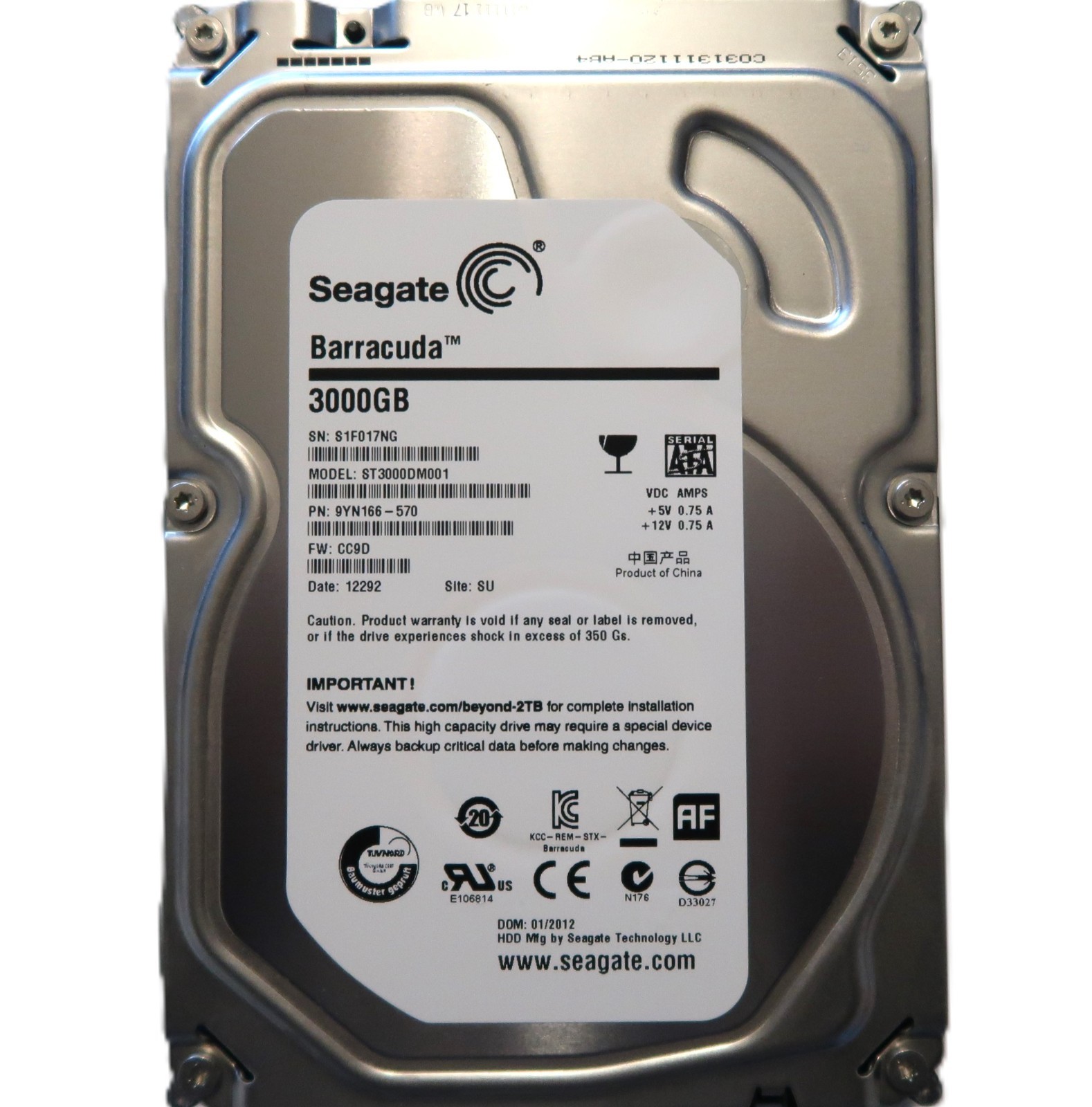 Seagate ST3000DM001 9YN166-570 CC9D SU China (S1F0) 3.5" 3.0TB Sata 01/2012