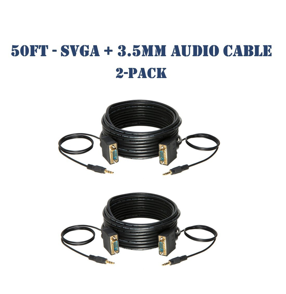 50FT SVGA Video Cable + 3.5mm Audio Aux Jack M/M PC Display Monitor Cord- 2-Pack