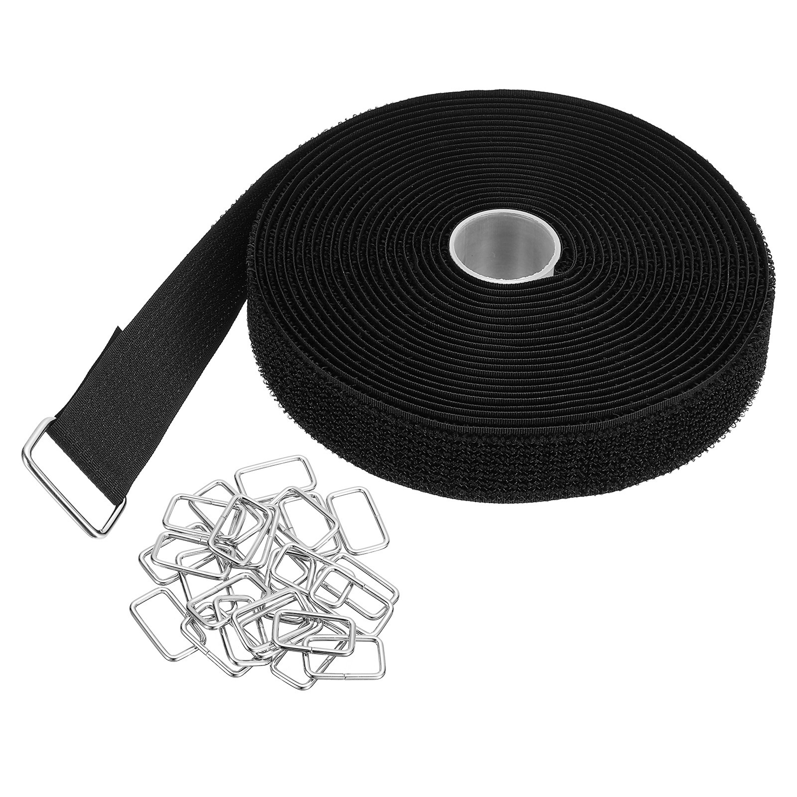 Hook and Loop Straps 1 in x 16 Ft with 25pcs Metal Buckle, Black
