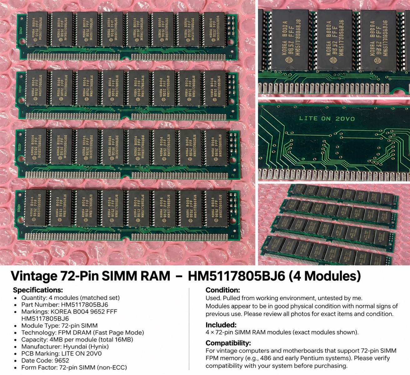 Lot of 4 Vintage 72-Pin SIMM RAM Hyundai HM5117805BJ6 FPM Memory Retro PC