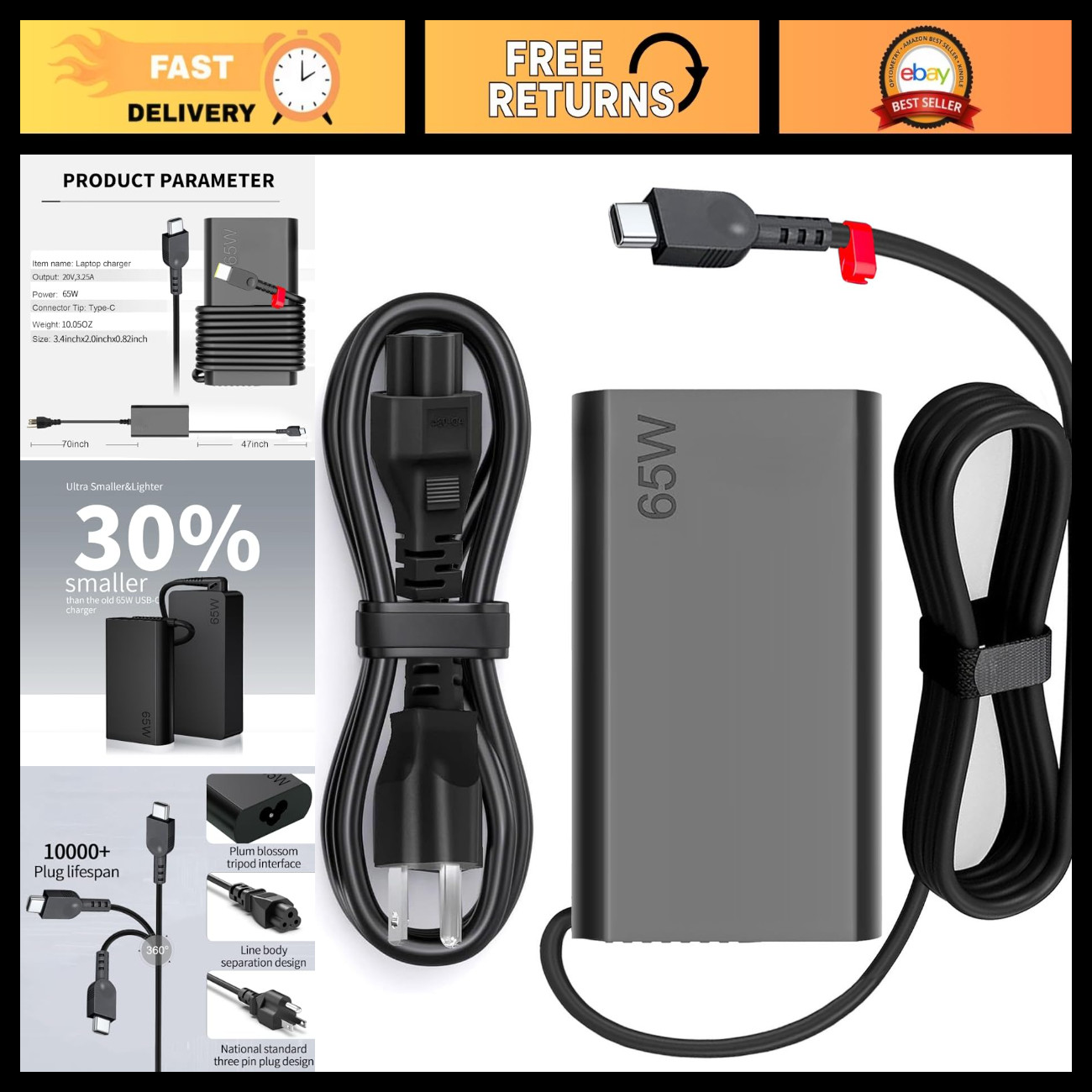 Slim 65W USB C Laptop Charger for Lenovo, Fast Charging, Lightweight, Portable