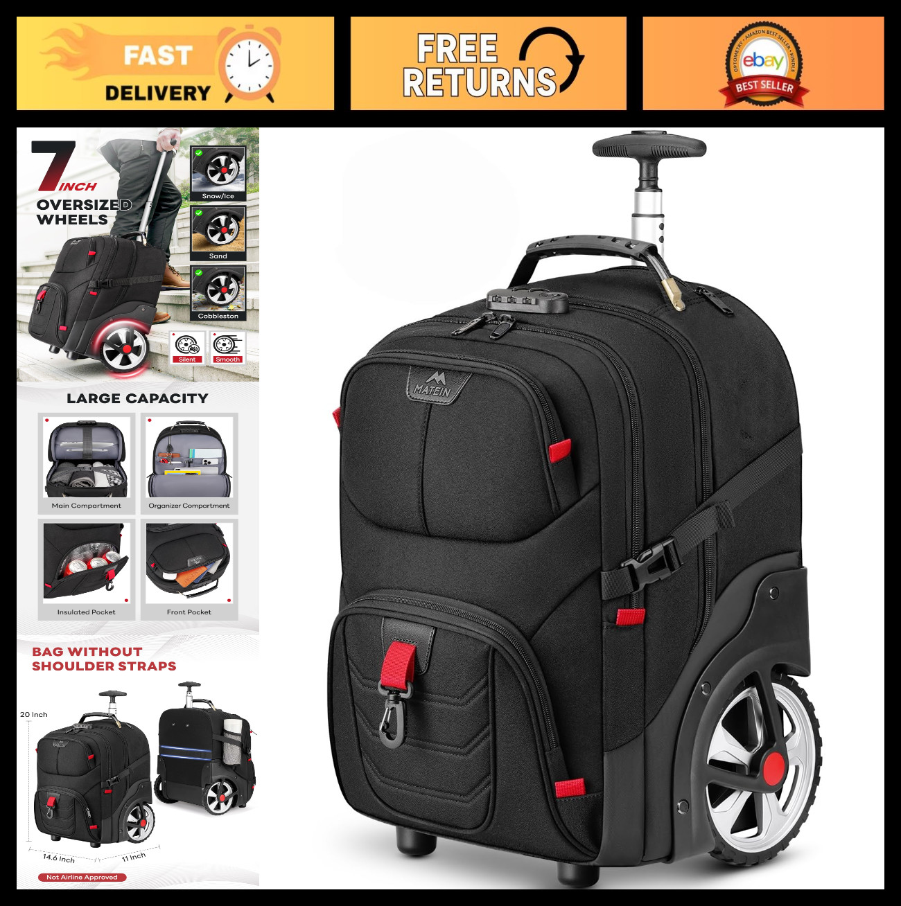 Extra Large 17" Rolling Laptop Backpack with Wheels, Water Resistant, Anti-Theft