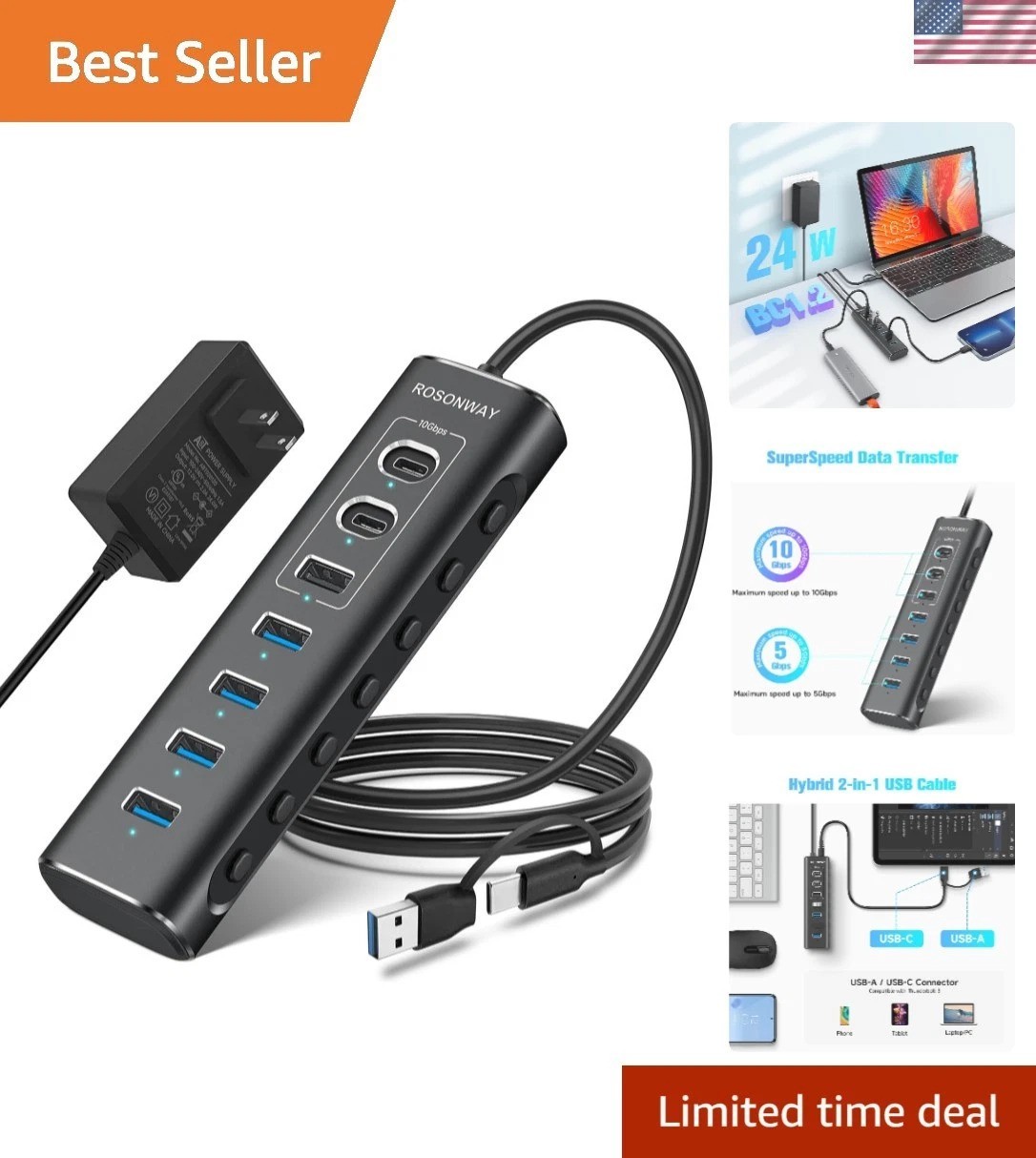 Versatile 7-Port USB 3.2 Hub: 10Gbps Speeds, Aluminum Design, Safe Power Supply