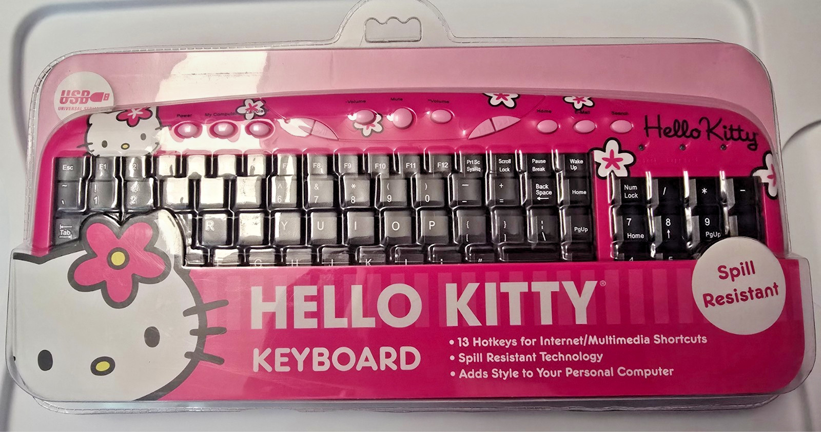 Hello Kitty Pink USB Wired Keyboard Sanrio Sakar Spill Resistant 13 Hotkeys