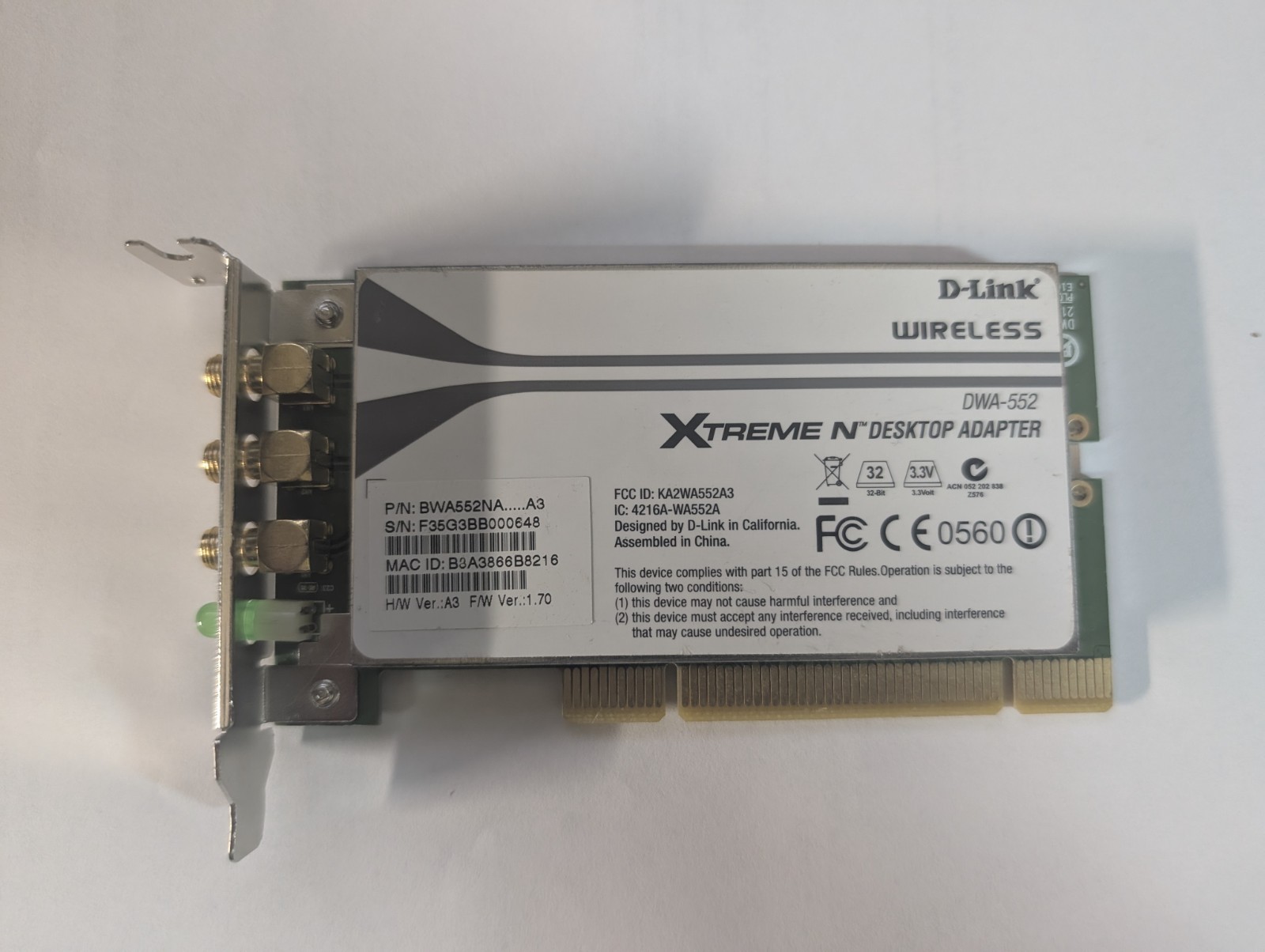 Lot of 5 D-Link DWA-552 Xtreme-N Wireless PCI Adapter Desktop No Antenna’s