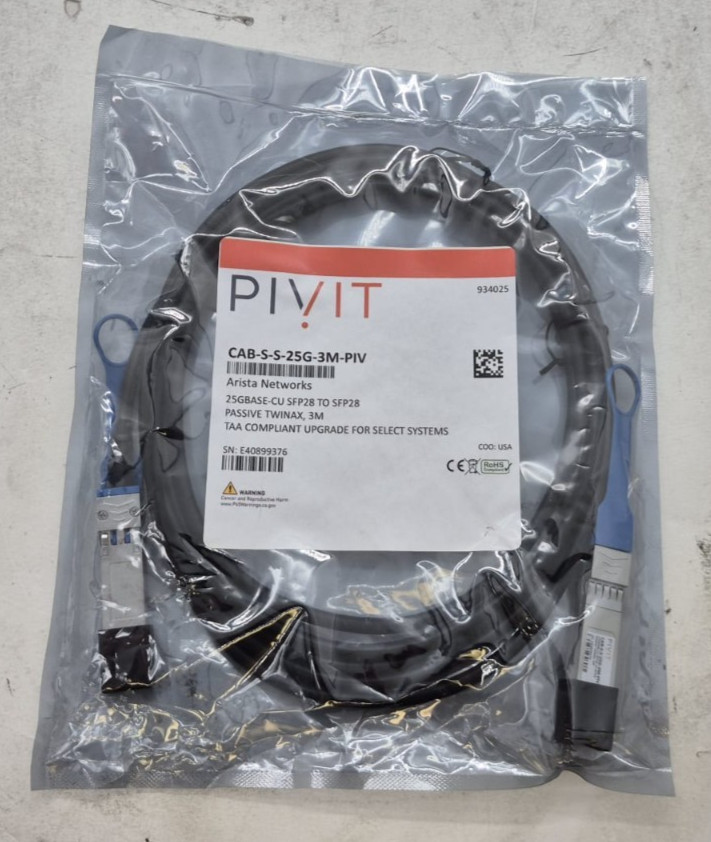 Pivit (Arista) CAB-S-S-25G-3M-PIV 25GBASE-CU SFP28 to SFP28 3M, Twinax Cable