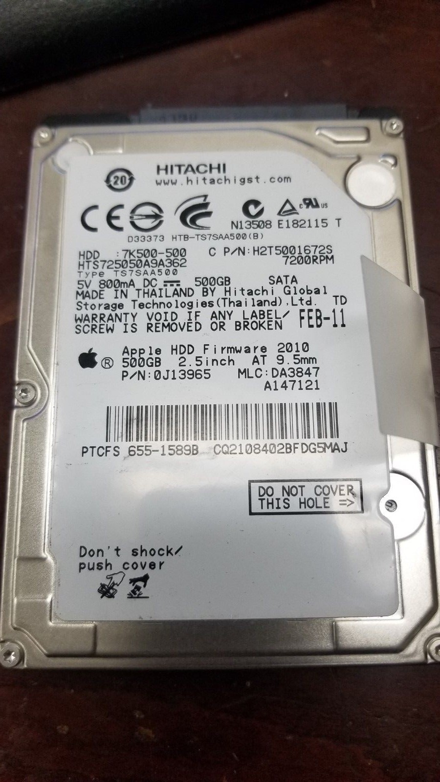 Apple 655-1589B Hitachi 500GB 7200RPM 2.5" SATA Hard Drive HTS725050A9A362 