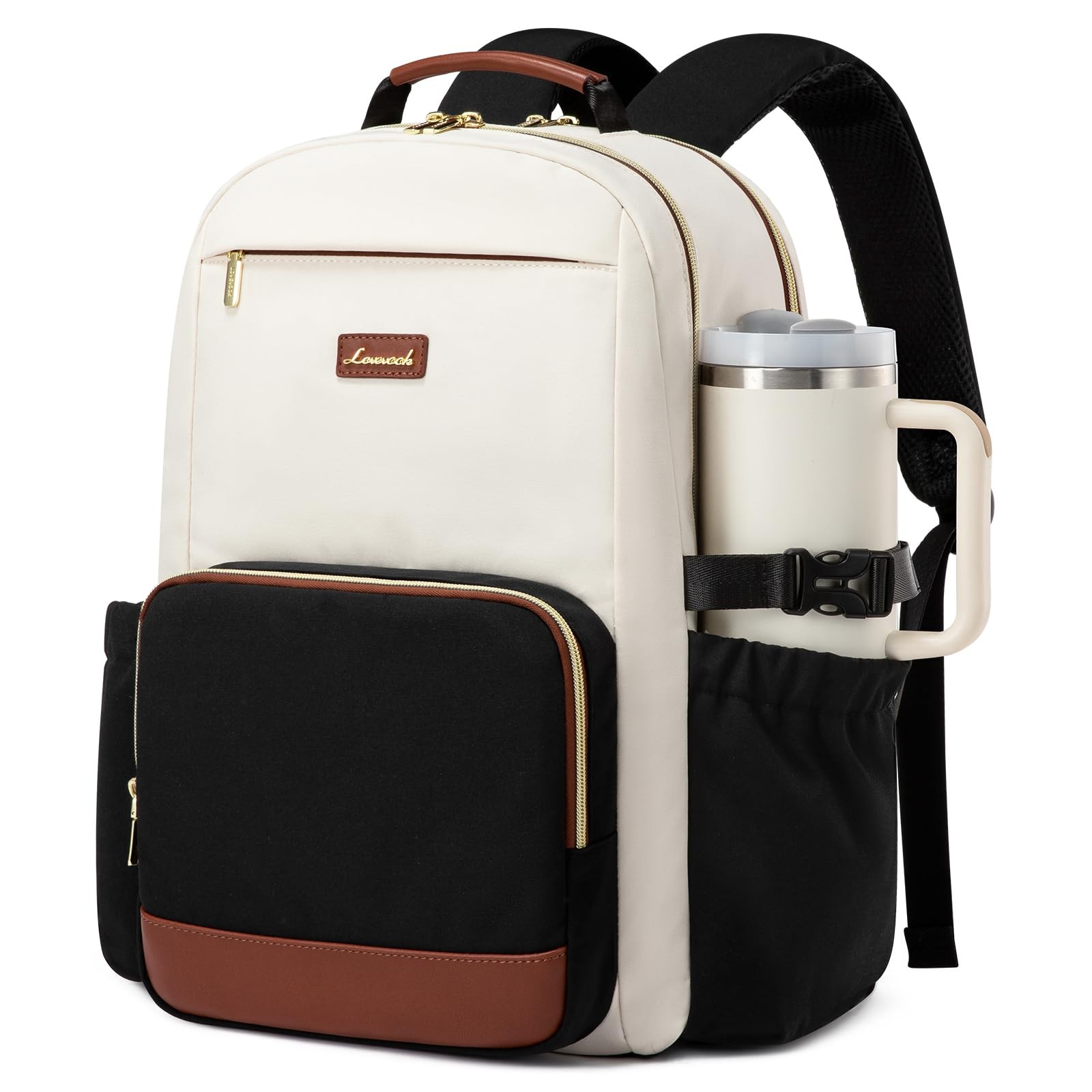 LOVEVOOK Laptop Backpack for Women 15.6 Inch, Beige - Black - Chestnut Brown