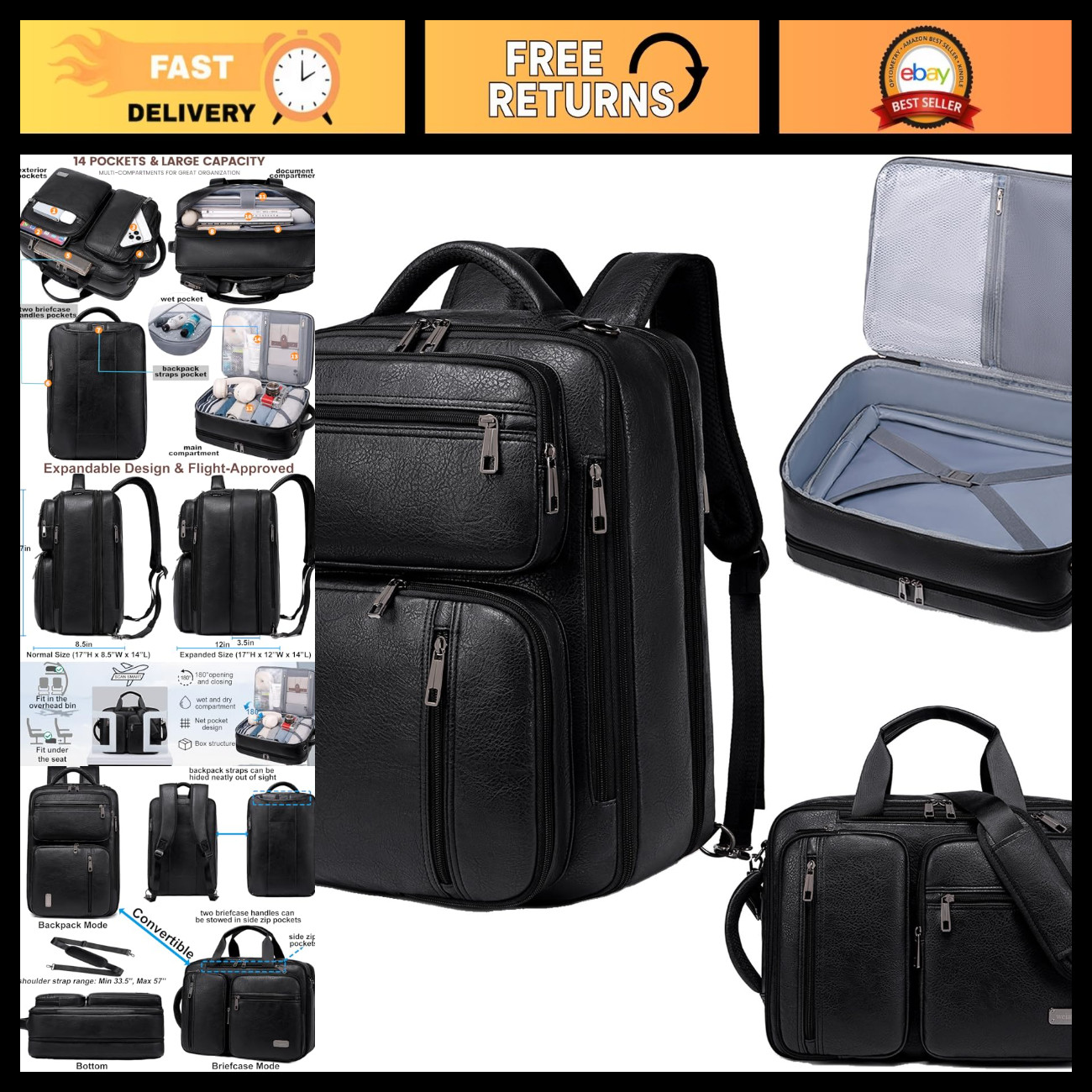 3-in-1 Vegan Leather Convertible Laptop Bag, Expandable Travel Backpack & Briefc