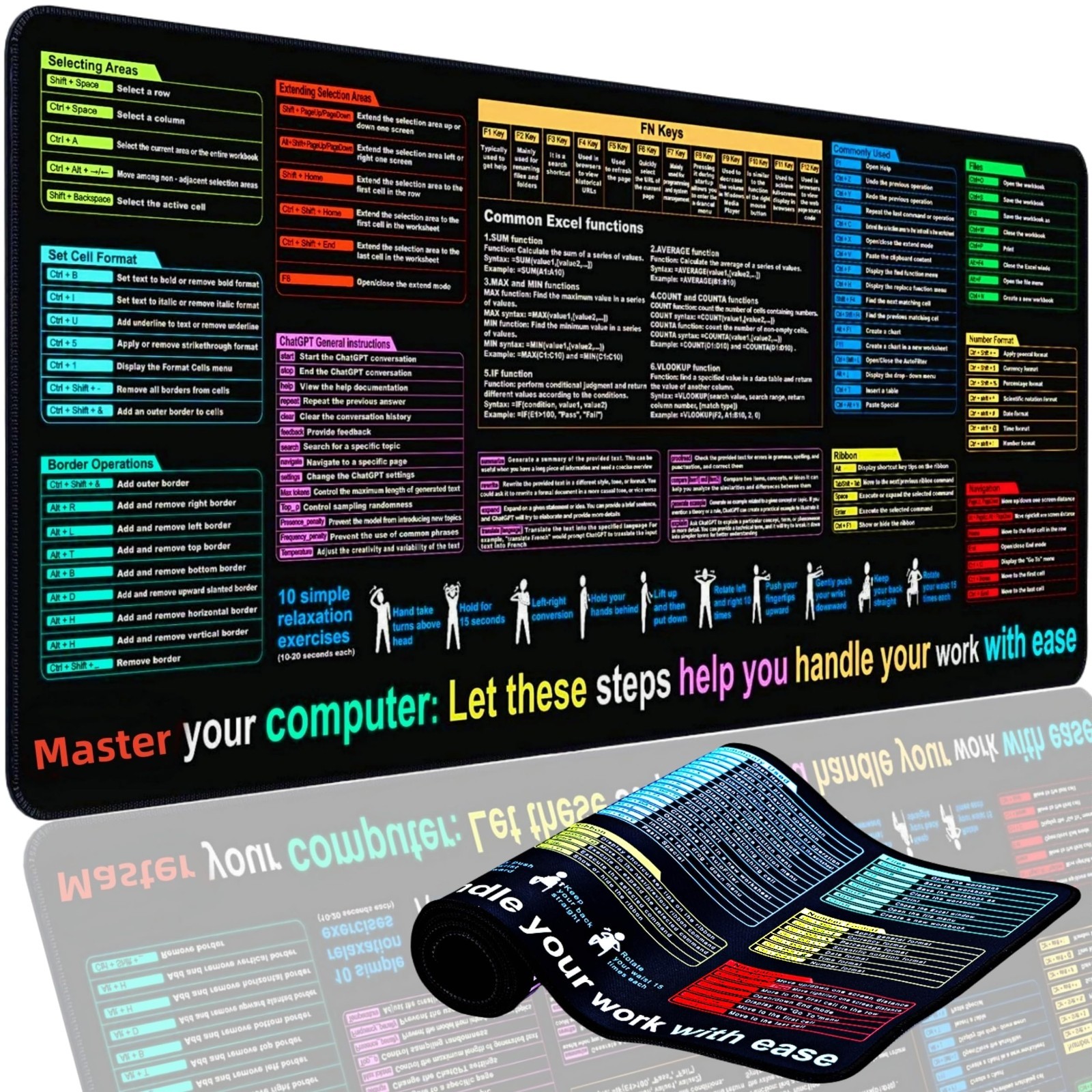 Excel Cheat Sheet Desk Pad 31.5x11.8in XL Mouse Pad Formulas Shortcuts