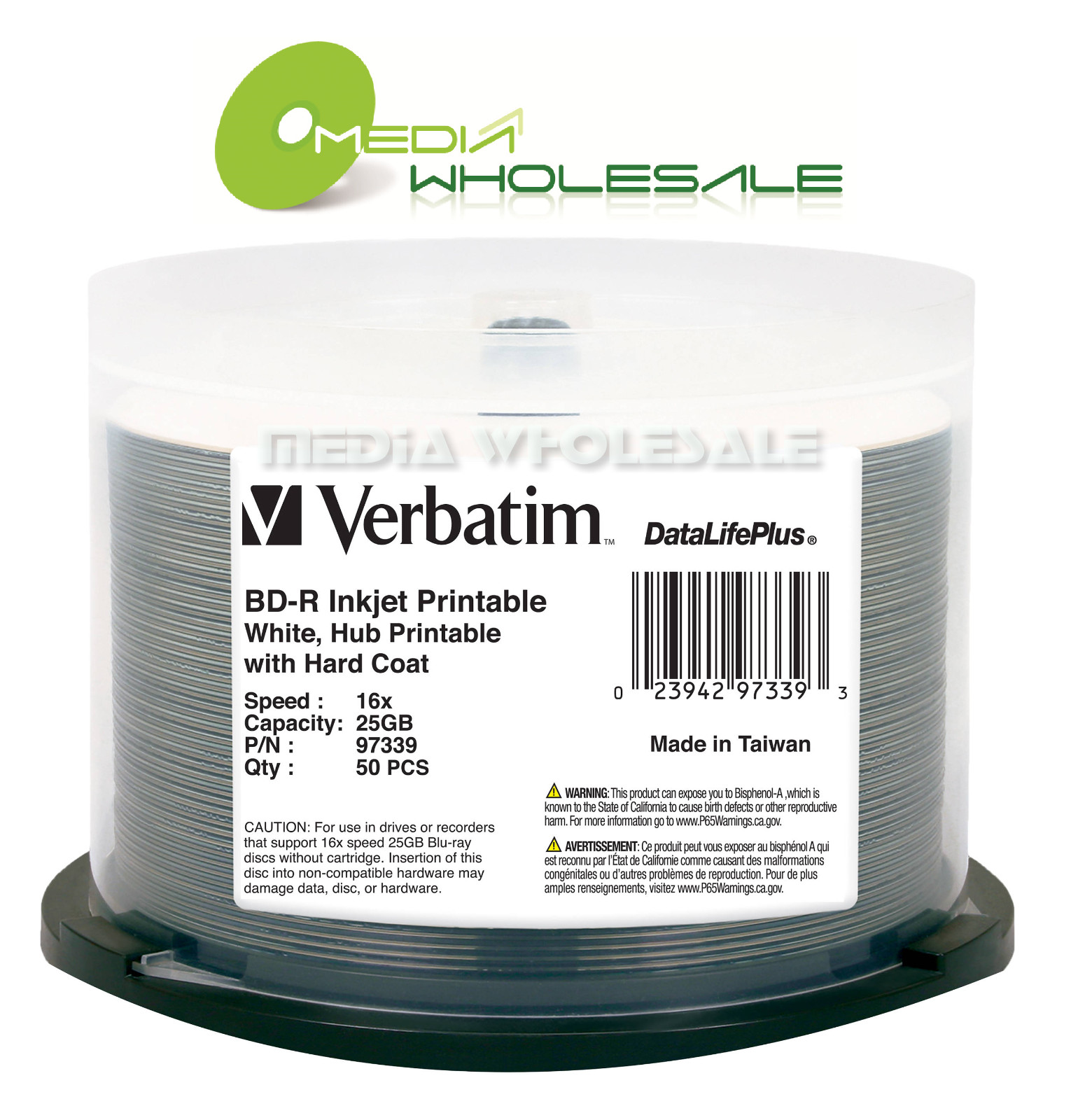 50 VERBATIM Blu-Ray 16X BD-R 25GB DataLifePlus White Inkjet Hub Printable 97339
