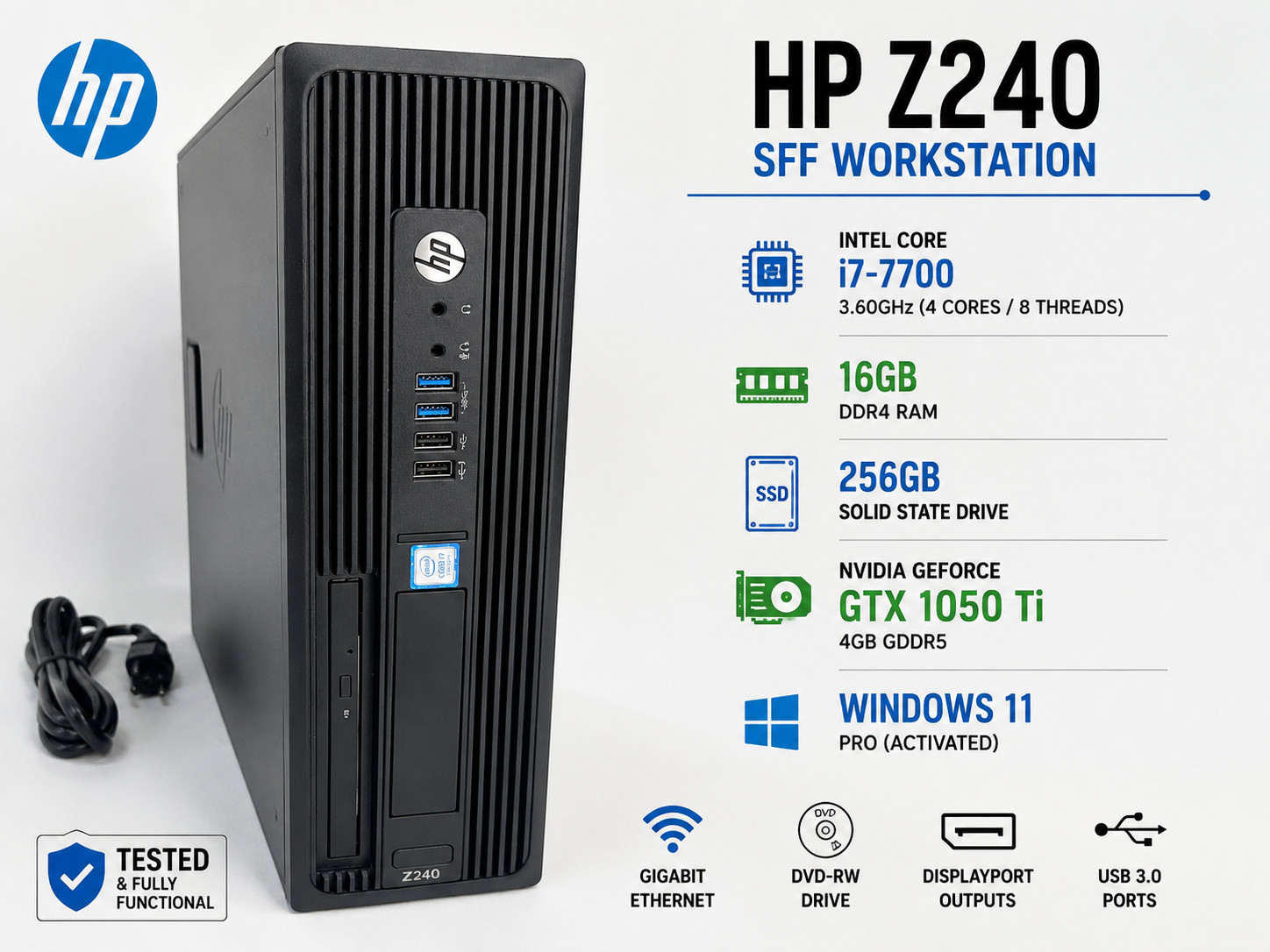 HP Z240 SFF Desktop i7-7700 16GB 256GB SSD GTX 1050 Ti Win 11 Pro A