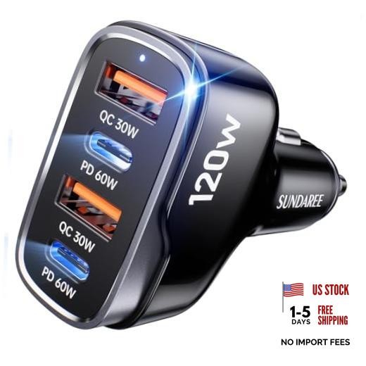 120W USB C Fast Car Charger PD60W/QC30W, 4-Ports Mutiple Car Charger Black