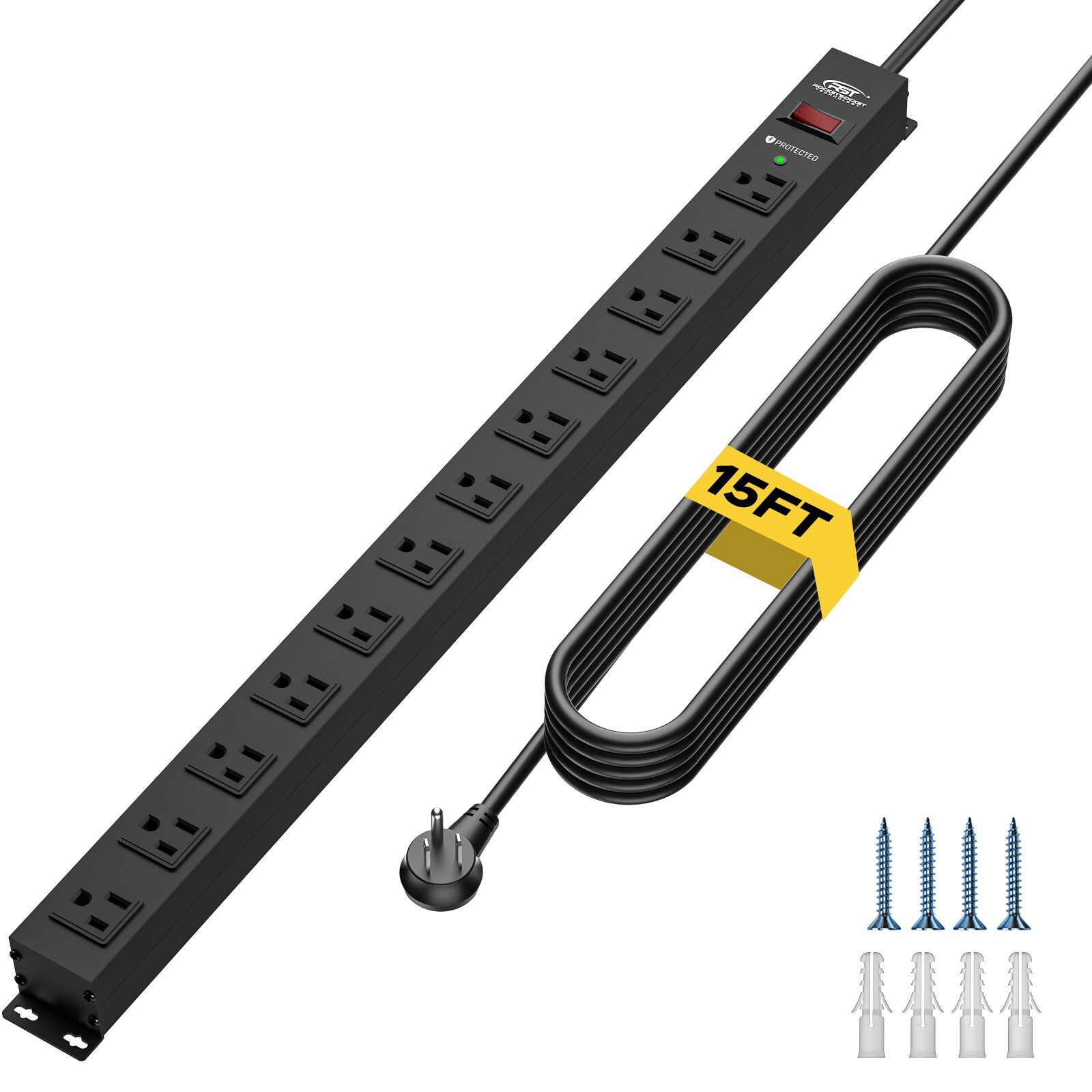 12-Outlet 15FT Metal Heavy Duty Surge Protector Power Strip Bar with Flat Plug
