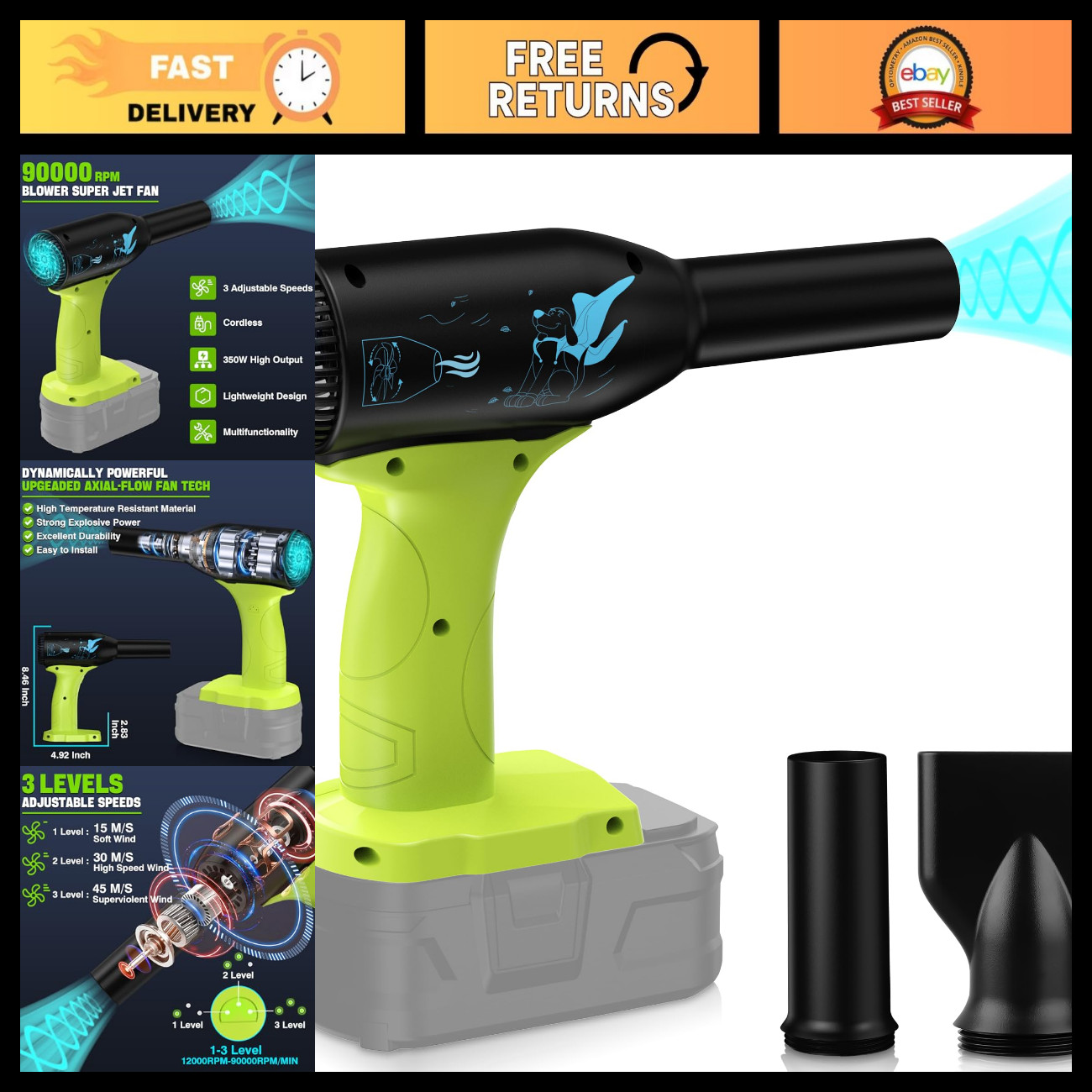 High Power Cordless Jet Blower 500W, 400G Wind Pressure, Air Duster for Car & El