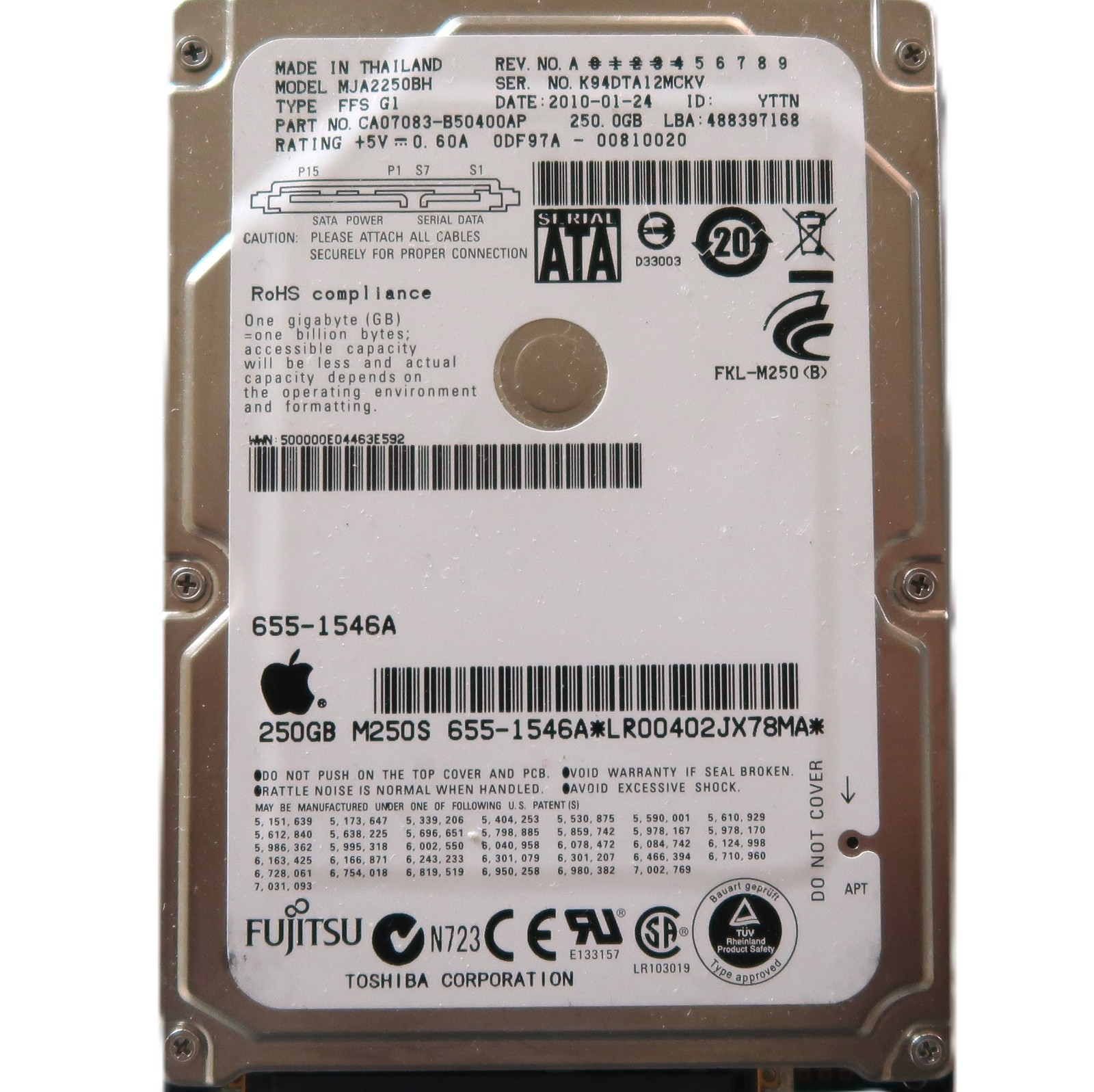 Fujitsu MJA2250BH CA07083-B50400AP 0DF97A-00810020 2.5" 250gb Sata 01/2010