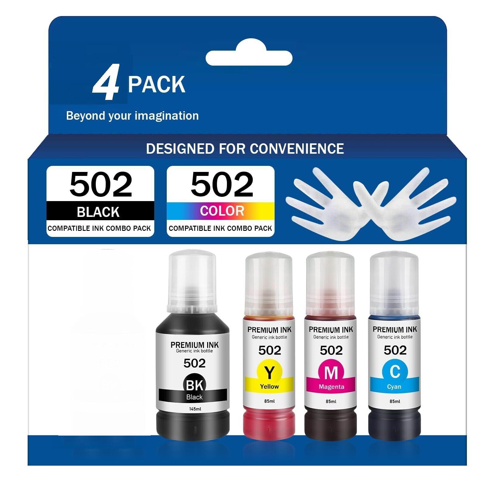 4pk 502 Ink Refill Bottles Replacement for Epson EcoTank ET-2700/15000 Series