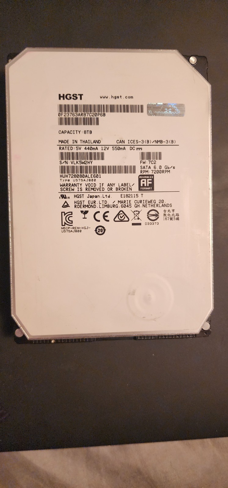 hgst 8tb internal pc hd, used