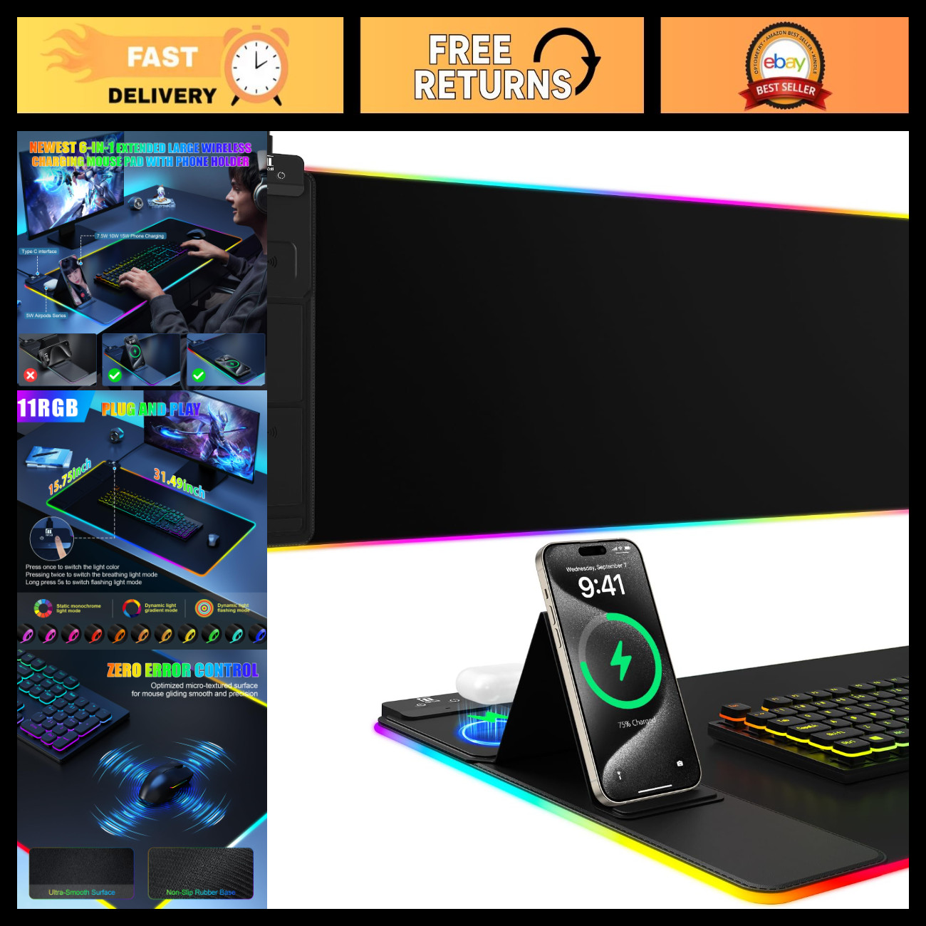 Large RGB Wireless Charging Mouse Pad with Phone Stand - Gaming Desk Mat