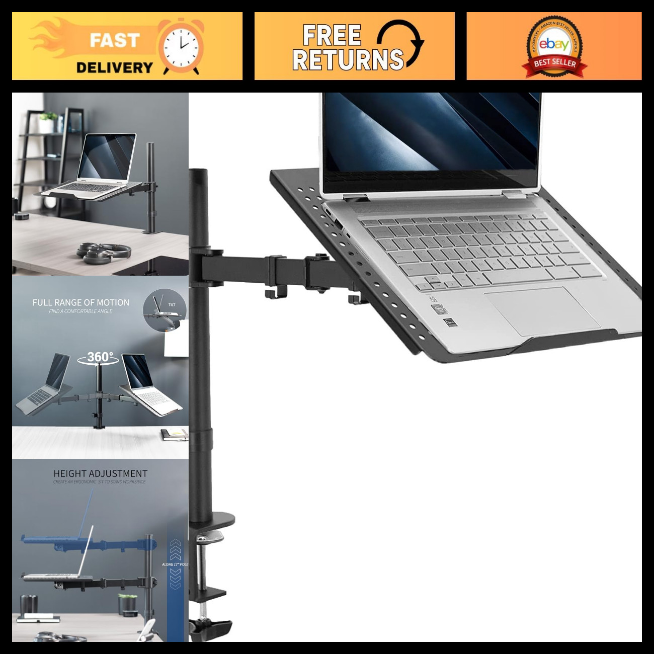 Fully Adjustable Laptop Desk Mount Stand, C-Clamp, Fits Up to 17" Laptops, Black