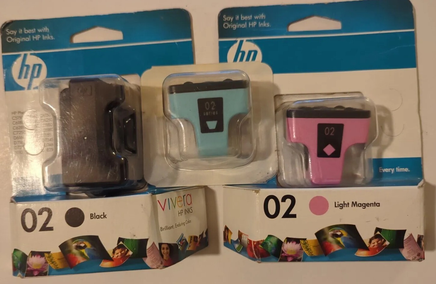 3x LOT HP 02 Ink Cartridge LOT- BLACK, CYAN, LIGHT MAGENTA Genuine SEALED fr/shp
