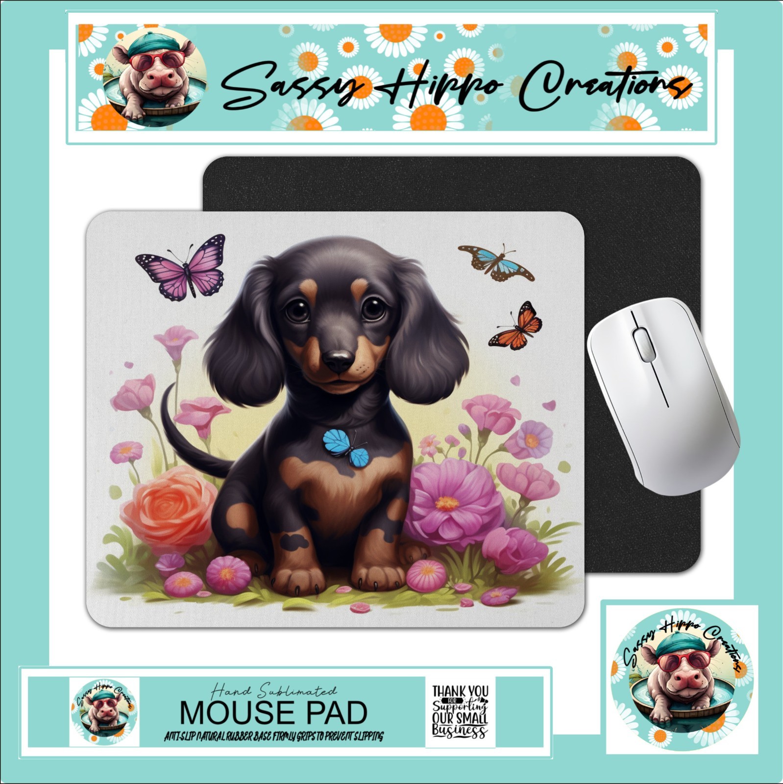 Mouse Pad Dachshund Puppy Dog Butterflies Anti Slip Back Easy Clean Sublimated