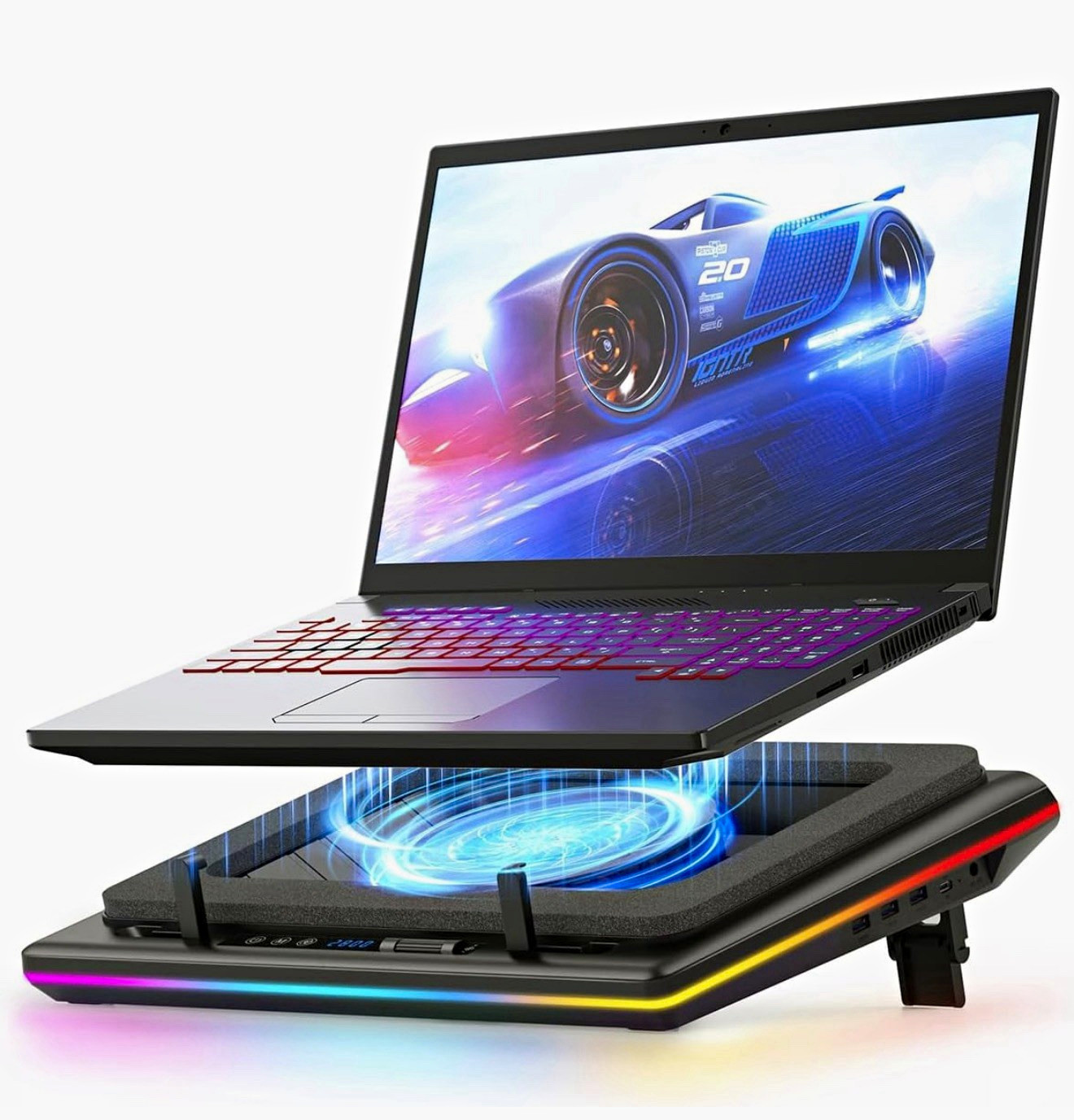 llano V12 Laptop Cooling Pad, 1 Fan, RGB, Memory Foam, 15.6-19in Black