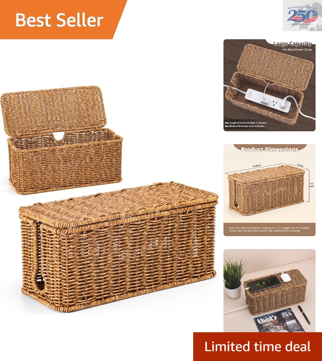 Elegant Speckled Brown Rattan Cable Management Box - 12.5" x 5" x 5.2"
